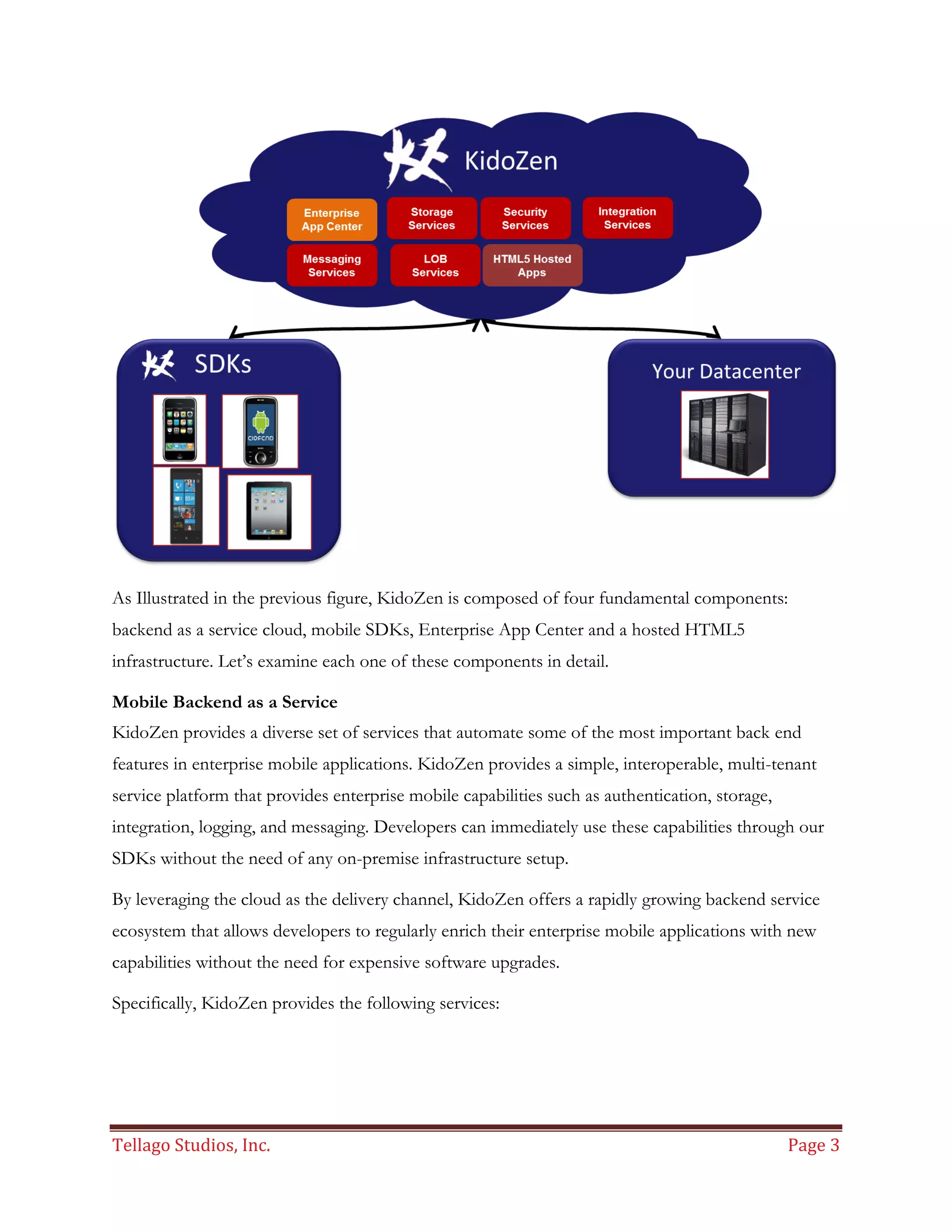 Tellago Studios, Inc. Page 3
As Illustrated in the previous figure, KidoZen is composed of four fundamental components:
backend as a service cloud, mobile SDKs, Enterprise App Center and a hosted HTML5
infrastructure. Let’s examine each one of these components in detail.
Mobile Backend as a Service
KidoZen provides a diverse set of services that automate some of the most important back end
features in enterprise mobile applications. KidoZen provides a simple, interoperable, multi-tenant
service platform that provides enterprise mobile capabilities such as authentication, storage,
integration, logging, and messaging. Developers can immediately use these capabilities through our
SDKs without the need of any on-premise infrastructure setup.
By leveraging the cloud as the delivery channel, KidoZen offers a rapidly growing backend service
ecosystem that allows developers to regularly enrich their enterprise mobile applications with new
capabilities without the need for expensive software upgrades.
Specifically, KidoZen provides the following services:
 