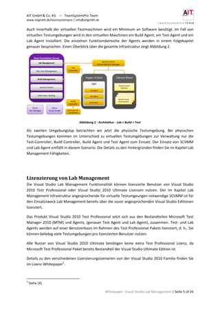 AIT GmbH & Co. KG – TeamSystemPro Team
www.aitgmbh.de/teamsystempro | info@aitgmbh.de
Whitepaper: Visual Studio Lab Management | Seite 5 of 24
Auch innerhalb der virtuellen Testmaschinen wird ein Minimum an Software benötigt. Im Fall von
virtuellen Testumgebungen wird in den virtuellen Maschinen ein Build Agent, ein Test Agent und ein
Lab Agent installiert. Die einzelnen Funktionsbereiche der Agents werden in einem Folgekapitel
genauer besprochen. Einen Überblick über die gesamte Infrastruktur zeigt Abbildung 2.
Abbildung 2 - Architektur - Lab + Build + Test
Als zweiten Umgebungstyp betrachten wir jetzt die physische Testumgebung. Bei physischen
Testumgebungen kommen im Unterschied zu virtuellen Testumgebungen zur Verwaltung nur die
Test-Controller, Build Controller, Build Agent und Test Agent zum Einsatz. Der Einsatz von SCVMM
und Lab Agent entfällt in diesem Szenario. Die Details zu den Hintergründen finden Sie im Kapitel Lab
Management Fähigkeiten.
Lizenzierung von Lab Management
Die Visual Studio Lab Management Funktionalität können lizensierte Benutzer von Visual Studio
2010 Test Professional oder Visual Studio 2010 Ultimate Lizenzen nutzen. Der im Kapitel Lab
Management Infrastruktur angesprochende für virtuelle Testumgeungen notwendige SCVMM ist für
den Einsatzzweck Lab Management bereits über die zuvor angesprochenden Visual Studio Editionen
lizenziert.
Das Produkt Visual Studio 2010 Test Professional setzt sich aus den Bestandteilen Microsoft Test
Manager 2010 (MTM) und Agents, (genauer Test Agent und Lab Agent), zusammen. Test- und Lab
Agents werden auf einer Benutzerbasis im Rahmen des Test Professional Pakets lizenziert, d. h., Sie
können beliebig viele Testumgebungen pro lizenzierten Benutzer nutzen.
Alle Nutzer von Visual Studio 2010 Ultimate benötigen keine extra Test Professional Lizenz, da
Microsoft Test Professional Paket bereits Bestandteil der Visual Studio Ultimate Edition ist.
Details zu den verschiedenen Lizenzierungsszenarien von der Visual Studio 2010 Familie finden Sie
im Lizenz-Whitepaper3
.
3
Siehe [4]
 