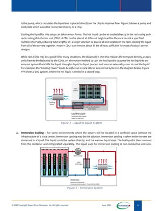 5
© 2021 Copyright Super Micro Computer, Inc. All rights reserved June 2021
is the pump, which circulates the liquid and is placed directly on the chip to improve flow. Figure 3 shows a pump and
cold plate which would be connected directly to a chip.
Cooling the liquid for this setup can take various forms. The hot liquid can be air cooled directly in the rack using an in
rack cooling distribution unit (CDU). A CDU can be placed at different heights within the rack to cool a specified
number of servers, reducing tube lengths. Or, a larger CDU can be placed at one location in the rack, cooling the liquid
from all of the servers together. Modern CDUs can remove about 80 kW of heat, sufficient for most of today's server
designs.
While rack CDUs may be a good fit for many situations, the downside is that this reduces the compute density, as rack
units have to be dedicated to the CDUs. An alternative method to cool the hot liquid is to pump the hot liquid to an
external system that chills the liquid through a liquid to liquid process and uses an external system to cool the liquid.
For example, the "Cooling Tower" could be either an in rack CDU or an external system in the diagram below. Figure
YYY shows a D2C system, where the hot liquid is chilled in a closed loop.
2. Immersion Cooling – For some environments where the servers will be located in a confined space without the
infrastructure of a data center, immersion cooling may be the solution. Immersion cooling is when entire servers are
immersed in a liquid. The liquid cools the system directly, and the warmer liquid rises. The hot liquid is then removed
from the container and refrigerated separately. The liquid used for immersion cooling is non-conductive and non-
Figure 4 - Liquid to Liquid System
Figure 5 - Immersion System
 