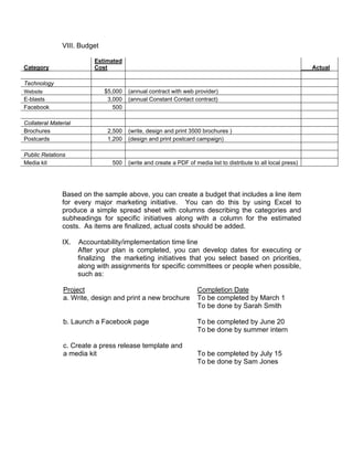 VIII. Budget
Category
Estimated
Cost Actual
Technology
Website $5,000 (annual contract with web provider)
E-blasts 3,000 (annual Constant Contact contract)
Facebook 500
Collateral Material
Brochures 2,500 (write, design and print 3500 brochures )
Postcards 1,200 (design and print postcard campaign)
Public Relations
Media kit 500 (write and create a PDF of media list to distribute to all local press)
Based on the sample above, you can create a budget that includes a line item
for every major marketing initiative. You can do this by using Excel to
produce a simple spread sheet with columns describing the categories and
subheadings for specific initiatives along with a column for the estimated
costs. As items are finalized, actual costs should be added.
IX. Accountability/implementation time line
After your plan is completed, you can develop dates for executing or
finalizing the marketing initiatives that you select based on priorities,
along with assignments for specific committees or people when possible,
such as:
Project Completion Date
a. Write, design and print a new brochure To be completed by March 1
To be done by Sarah Smith
b. Launch a Facebook page To be completed by June 20
To be done by summer intern
c. Create a press release template and
a media kit To be completed by July 15
To be done by Sam Jones
 