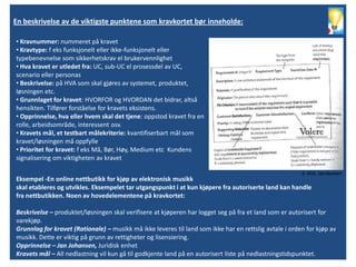 En beskrivelse av de viktigste punktene som kravkortet bør inneholde:

• Kravnummer: nummeret på kravet
• Kravtype: f eks funksjonelt eller ikke-funksjonelt eller
typebenevnelse som sikkerhetskrav el brukervennlighet
• Hva kravet er utledet fra: UC, sub-UC el prosessdel av UC,
scenario eller personas
• Beskrivelse: på HVA som skal gjøres av systemet, produktet,
løsningen etc.
• Grunnlaget for kravet: HVORFOR og HVORDAN det bidrar, altså
hensikten. Tilfører forståelse for kravets eksistens.
• Opprinnelse, hva eller hvem skal det tjene: oppstod kravet fra en
rolle, arbeidsområde, interessent osv.
• Kravets mål, et testbart målekriterie: kvantifiserbart mål som
kravet/løsningen må oppfylle
• Prioritet for kravet: f eks Må, Bør, Høy, Medium etc Kundens
signalisering om viktigheten av kravet

                                                                                                        S. 454, læreboken
Eksempel -En online nettbutikk for kjøp av elektronisk musikk
skal etableres og utvikles. Eksempelet tar utgangspunkt i at kun kjøpere fra autoriserte land kan handle
fra nettbutikken. Noen av hovedelementene på kravkortet:

Beskrivelse – produktet/løsningen skal verifisere at kjøperen har logget seg på fra et land som er autorisert for
varekjøp.
Grunnlag for kravet (Rationale) – musikk må ikke leveres til land som ikke har en rettslig avtale i orden for kjøp av
musikk. Dette er viktig på grunn av rettigheter og lisensiering.
Opprinnelse – Jan Johansen, Juridisk enhet
Kravets mål – All nedlastning vil kun gå til godkjente land på en autorisert liste på nedlastningstidspunktet.
 
