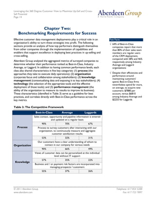 Leveraging the 360 Degree Customer View to Maximize Up-Sell and Cross-
Sell Potential
Page 14



               Chapter Two:
    Benchmarking Requirements for Success
Effective customer data management deployments play a critical role in an          Fast Facts
organization's ability to turn these strategies into profit. The following         √ 64% of Best-in-Class
sections provide an analysis of how top performers distinguish themselves            companies report that more
from other companies through the implementation of capabilities and                  than 80% of their sales team
enablers that support excellence in deploying best practices in up-selling and       members are regular users
cross-selling.                                                                       of the CRM deployment,
                                                                                     compared with 58% and 46%
Aberdeen Group analyzed the aggregated metrics of surveyed companies to              respectively among Industry
determine whether their performance ranked as Best-in-Class, Industry                Average and Laggard
Average, or Laggard. In addition to having common performance levels, each           organizations
class also shared characteristics in five key categories: (1) process (the
approaches they take to execute daily operations); (2) organization                √ Despite their efficiencies and
                                                                                     performance around
(corporate focus and collaboration among stakeholders); (3) knowledge
                                                                                     maintaining customers’
management (contextualizing data and exposing it to key stakeholders); (4)           spend, Best-in-Class firms
technology (the selection of the appropriate tools and the effective                 nevertheless spend far more,
deployment of those tools); and (5) performance management (the                      on average, to acquire new
ability of the organization to measure its results to improve its business).         customers: $7880 per
These characteristics (identified in Table 3) serve as a guideline for best          account, versus $6810
practices, and correlate directly with Best-in-Class performance across the          among Industry Average and
key metrics.                                                                         $2255 for Laggards

Table 3: The Competitive Framework
                   Best-in-Class           Average               Laggards
                  Sales contact, opportunity and pipeline information is entered
                                  and updated on a regular basis
                         90%                  70%                   67%
   Process           Process to survey customers after interacting with our
                      organization, to continuously measure and aggregate
                                  customer satisfaction results
                         53%                  32%                   31%
                     Our customers have a clear understanding of whom to
Organization               contact in our company for various needs
                         90%                  66%                   49%
                  Views of customer data can be personalized at the individual
                                  level without IT support
                         57%                  35%                   22%
 Knowledge
                  Business and / or payment risk factors are incorporated into
                                managing prospects / customers
                         55%                  37%                   26%




© 2011 Aberdeen Group.                                                                   Telephone: 617 854 5200
www.aberdeen.com                                                                               Fax: 617 723 7897
 