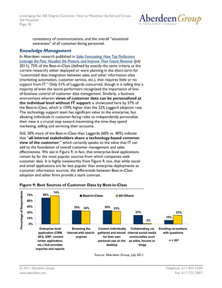 Leveraging the 360 Degree Customer View to Maximize Up-Sell and Cross-
Sell Potential
Page 18



                              consistency of communications, and the overall “situational
                              awareness” of all customer-facing personnel.
Knowledge Management
In Aberdeen research published in Sales Forecasting: How Top Performers
Leverage the Past, Visualize the Present, and Improve Their Future Revenue (July
2011), 75% of the Best-in-Class (defined by exactly the same criteria as the
current research) either deployed or were planning in the short-term for
“customized data integration between sales and other information silos
(marketing automation, customer service, etc.), that requires little or no
support from IT.” Only 51% of Laggards concurred, though it is telling that a
majority of even the worst performers recognized the importance of line-
of-business control of customer data management. Similarly, a business
environment wherein views of customer data can be personalized at
the individual level without IT support is showcased here by 57% of
the Best-in-Class, which is 159% higher than the 22% Laggard adoption rate.
The technology support team has significant value to the enterprise, but
allowing individuals in customer-facing roles to independently personalize
their view is a crucial step toward maximizing the time they spend
marketing, selling and servicing their accounts.
Still, 50% more of the Best-in-Class than Laggards (60% vs. 40%) indicate
that “all internal stakeholders share a technology-based common
view of the customer,” which certainly speaks to the value that IT can
add to the foundation of overall customer management and sales
effectiveness. We see in Figure 9, in fact, that enterprise-level applications
remain by far the most popular sources from which companies seek
customer data. It is highly noteworthy from Figure 9, too, that while social
and email applications are far less popular than enterprise deployments as
customer information sources, the differentials between Best-in-Class
adoption and other firms provide a stark contrast.

Figure 9: Best Sources of Customer Data by Best-in-Class
Percentage of Respondents




                                              74%
                            75%        68%                         Best-in-Class               All Others
                            60%
                            45%                              35%                     35%
                                                                    34%                    33%
                            30%                                                                             23%                       23%
                            15%                                                                                                10%
                                                                                                                   2%
                            0%
                                     Enterprise level       Browsing the         Content individually   Collaborating via  Emailing co-workers
                                    application (CRM,   internet with search     gathered and stored internal social media   with questions
                                    SFA, ERP, contact         engines                for their own     communities such
                                    center application,                          personal use on the as wikis, forums or          n = 261
                                    etc.) that provides                                desktop                blogs
                                  inquiries and reports

                                                                               Source: Aberdeen Group, July 2011



© 2011 Aberdeen Group.                                                                                                         Telephone: 617 854 5200
www.aberdeen.com                                                                                                                     Fax: 617 723 7897
 