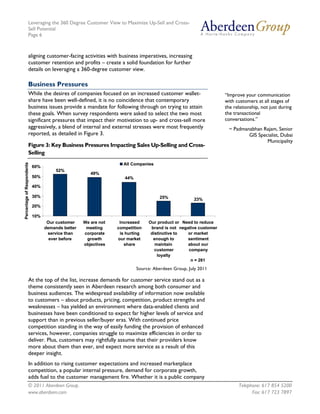 Leveraging the 360 Degree Customer View to Maximize Up-Sell and Cross-
                     Sell Potential
                     Page 6



                     aligning customer-facing activities with business imperatives, increasing
                     customer retention and profits – create a solid foundation for further
                     details on leveraging a 360-degree customer view.

                     Business Pressures
                     While the desires of companies focused on an increased customer wallet-                    “Improve your communication
                     share have been well-defined, it is no coincidence that contemporary                       with customers at all stages of
                     business issues provide a mandate for following through on trying to attain                the relationship, not just during
                     these goals. When survey respondents were asked to select the two most                     the transactional
                     significant pressures that impact their motivation to up- and cross-sell more              conversations.”
                     aggressively, a blend of internal and external stresses were most frequently                 ~ Padmanabhan Rajam, Senior
                     reported, as detailed in Figure 3.                                                                   GIS Specialist, Dubai
                                                                                                                                  Municipality
                     Figure 3: Key Business Pressures Impacting Sales Up-Selling and Cross-
                     Selling
Percentage of Respondents




                                                                  All Companies
                            60%
                                       52%
                                                      49%
                            50%                                    44%
                            40%

                            30%                                                    25%             23%
                            20%

                            10%
                                   Our customer    We are not    Increased    Our product or Need to reduce
                                  demands better    meeting     competition    brand is not negative customer
                                   service than    corporate     is hurting    distinctive to   or market
                                    ever before     growth      our market      enough to       sentiment
                                                   objectives      share         maintain       about our
                                                                                 customer       company
                                                                                  loyalty
                                                                                                 n = 261
                                                                         Source: Aberdeen Group, July 2011

                     At the top of the list, increase demands for customer service stand out as a
                     theme consistently seen in Aberdeen research among both consumer and
                     business audiences. The widespread availability of information now available
                     to customers – about products, pricing, competition, product strengths and
                     weaknesses – has yielded an environment where data-enabled clients and
                     businesses have been conditioned to expect far higher levels of service and
                     support than in previous seller/buyer eras. With continued price
                     competition standing in the way of easily funding the provision of enhanced
                     services, however, companies struggle to maximize efficiencies in order to
                     deliver. Plus, customers may rightfully assume that their providers know
                     more about them than ever, and expect more service as a result of this
                     deeper insight.
                     In addition to rising customer expectations and increased marketplace
                     competition, a popular internal pressure, demand for corporate growth,
                     adds fuel to the customer management fire. Whether it is a public company
                     © 2011 Aberdeen Group.                                                                           Telephone: 617 854 5200
                     www.aberdeen.com                                                                                       Fax: 617 723 7897
 