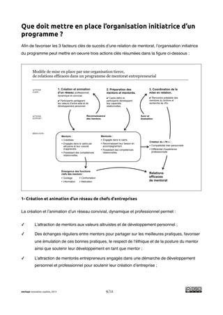 !
Que doit mettre en place l’organisation initiatrice d’un
programme ?
Aﬁn de favoriser les 3 facteurs clés de succès d’une relation de mentorat, l’organisation initiatrice
du programme peut mettre en oeuvre trois actions clés résumées dans la ﬁgure ci-dessous :



          Modèle de mise en place par une organisation tierce,
          de relations efficaces dans un programme de mentorat entrepreneurial


          ACTIONS                   1. Création et animation                      2. Préparation des                 3. Coordination de la
          CLEFS :                   d’un réseau professionnel,                    mentors et mentorés.               mise en relation.
                                    dynamique et convivial.
                                                                                  ✔ Cadre défini et                  ✔ Rencontre préalable des
                                    ✔ Participants partageant                     participants développant           membres du binôme et
                                    les valeurs d’entre-aide et de                leur capacités                     recherche de «fit».
                                    développement personnel.                      relationnelles.



          ACTIONS                                                Reconnaissance                               Suivi et
          SUPPORT :                                              des mentors.                                 évaluation.




          RÉSULTATS :
                                       Mentors :                             Mentorés :
                                       • Crédibles.                          • Engagés dans le cadre.
                                                                                                                     Création du « fit » :
                                       • Engagés dans le cadre par           • Reconnaissant leur besoin en
                                         altruisme et leur volonté            accompagnement.                        • Compatibilité inter-personnelle
                                         d’apprendre.                        • Possédant des compétences             • Différentiel d’expérience
                                       • Possédant des compétences            relationnelles.                          professionnelle
                                         relationnelles.




                                       Émergence des fonctions
                                       clefs des mentors :                                                           Relations
                                       • Guidage           • Confrontation                                           efficaces
                                       • Information       • Motivation                                              de mentorat




1- Création et animation d’un réseau de chefs d'entreprises


La création et l’animation d’un réseau convivial, dynamique et professionnel permet :


✓           L’attraction de mentors aux valeurs altruistes et de développement personnel ;

✓           Des échanges réguliers entre mentors pour partager sur les meilleures pratiques, favoriser
            une émulation de ces bonnes pratiques, le respect de l’éthique et de la posture du mentor
            ainsi que soutenir leur développement en tant que mentor ;

✓           L’attraction de mentorés entrepreneurs engagés dans une démarche de développement
            personnel et professionnel pour soutenir leur création d’entreprise ;




merkapt innovation copilots, 2013                                                 9/11
 