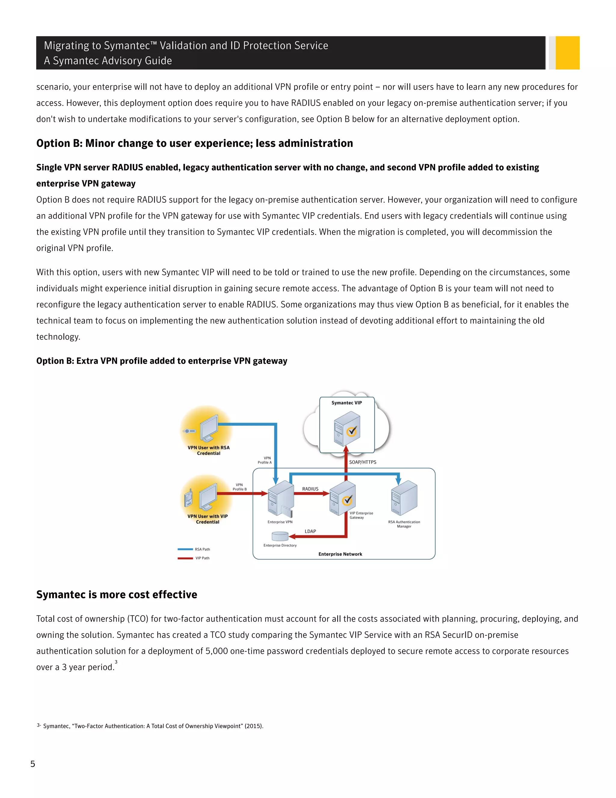 scenario, your enterprise will not have to deploy an additional VPN profile or entry point – nor will users have to learn any new procedures for
access. However, this deployment option does require you to have RADIUS enabled on your legacy on-premise authentication server; if you
don't wish to undertake modifications to your server's configuration, see Option B below for an alternative deployment option.
Option B: Minor change to user experience; less administration
Single VPN server RADIUS enabled, legacy authentication server with no change, and second VPN profile added to existing
enterprise VPN gateway
Option B does not require RADIUS support for the legacy on-premise authentication server. However, your organization will need to configure
an additional VPN profile for the VPN gateway for use with Symantec VIP credentials. End users with legacy credentials will continue using
the existing VPN profile until they transition to Symantec VIP credentials. When the migration is completed, you will decommission the
original VPN profile.
With this option, users with new Symantec VIP will need to be told or trained to use the new profile. Depending on the circumstances, some
individuals might experience initial disruption in gaining secure remote access. The advantage of Option B is your team will not need to
reconfigure the legacy authentication server to enable RADIUS. Some organizations may thus view Option B as beneficial, for it enables the
technical team to focus on implementing the new authentication solution instead of devoting additional effort to maintaining the old
technology.
Option B: Extra VPN profile added to enterprise VPN gateway
Symantec is more cost effective
Total cost of ownership (TCO) for two-factor authentication must account for all the costs associated with planning, procuring, deploying, and
owning the solution. Symantec has created a TCO study comparing the Symantec VIP Service with an RSA SecurID on-premise
authentication solution for a deployment of 5,000 one-time password credentials deployed to secure remote access to corporate resources
over a 3 year period.
3
3- Symantec, “Two-Factor Authentication: A Total Cost of Ownership Viewpoint” (2015).
Migrating to Symantec™ Validation and ID Protection Service
A Symantec Advisory Guide
5
 