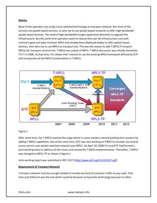History

Most of the operators are using circuit switched technology as transport network. But most of the
services are packet based services, so why not to use packet based networks to offer high bandwidth
packet based services. The need of high bandwidth hungry application demands to upgrade the
infrastructure. But the same time operators want to reduce their per bit infrastructure cost with
minimal capex and opex involved. MPLS had already been deployed widely to offer packet based
services, then why not to use MPLS as transport too. This was the reason to add T-MPLS (Transport
MPLS) for transport services too. T-MPLS was subset of MPLS. T-MPLS discussion was initially started by
ITU-T in 2006. At that time, ITU shown their interest to use the existing MPLS framework defined by IETF
and incorporate all the MPLS functionalities in T-MPLS.




Figure 1

After some time, the T-MPLS reached the stage where in some vendors started building their product by
adding T-MPLS capabilities. But at the same time, IETF was also working on PWE3 to emulate any kind of
access service over packet switched network over MPLS. On April 18, 2008 ITU and IETF had formed a
joint working team to address all the issues and ceased the T-MPLS implementation. Thereafter, T-MPLS
was changed to MPLS-TP as shown in figure 1.

Joint working report was submitted in RFC 5317 (http://www.ietf.org/rfc/rfc5317.pdf)

Requirement of Transport Network

Transport network must be enough reliable to handle any kind of customer traffic to any scale. That
time only Ethernet was the one which could be foreseen as futuristic technology because no other




Shivlu Jain                               www.mplsvpn.info
 