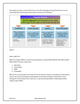 technology can scale as much as Ethernet can. The other advantage of using Ethernet was to use its
statmuxing which would actually lower down the cost per bit of operator.




Figure 2



What is MPLS-TP?

MPLS-TP is subset of MPLS. It uses the same data plane as used by MPLS (Defined in RFC 3031 and RFC
3032). MPLS-TP has four major areas:-

    1.     Data Plane
    2.     Control Plane
    3.     O&M
    4.     Survivability

MPLS-TP has no control plane, the reason for this was that the recovery. If the dynamic control plane is
used, in that case the convergence would depend on the dynamic protocol and providers cannot
leverage the <50 ms failover time in that case. It uses the same QoS diffserv model except uniform
model as used in MPLS.




Shivlu Jain                                www.mplsvpn.info
 