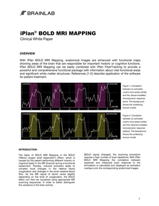iPlan® BOLD MRI MAPPING
Clinical White Paper

OVERVIEW
With iPlan BOLD MRI Mapping, anatomical images are enhanced with functional maps
showing areas of the brain that are responsible for important motoric or cognitive functions.
iPlan BOLD MRI Mapping can be easily combined with iPlan FiberTracking to provide a
powerful and comprehensive functional package with information about vital functional areas
and significant white matter structures. References [1-2] describe application of the software
for patient treatment.
Figure 1: Correlation
between an activated
voxel's time series (white)
and the Gauss-modelled
hemodynamic response
(pink). The background
shows the underlying
boxcar-model.

Figure 2: Correlation
between an activated
voxel's time series (white)
and the Gamma-modelled
hemodynamic response
(yellow). The background
shows the underlying
boxcar-model.

INTRODUCTION
The basis of BOLD MRI Mapping is the BOLD
(“Blood oxygen level dependent”) effect, which is
caused by the patient performing different motoric or
cognitive tasks in the MR Scanner during a functional
experiment. Thereby, induced activation leads to
complex local changes in the relative blood
oxygenation and changes in the local cerebral blood
flow. As the MR signal of blood varies slightly
depending on the level of oxygenation, the BOLD
effect can then be visualized using appropriate MR
scanning sequences. In order to better distinguish
the variations in the brain activity

(BOLD signal changes), the scanning procedure
requires a high number of scan repetitions. With iPlan
BOLD MRI Mapping the correlation between
expected and measured brain response to the
stimulation is calculated and displayed as activation
overlays onto the corresponding anatomical images.

1

 