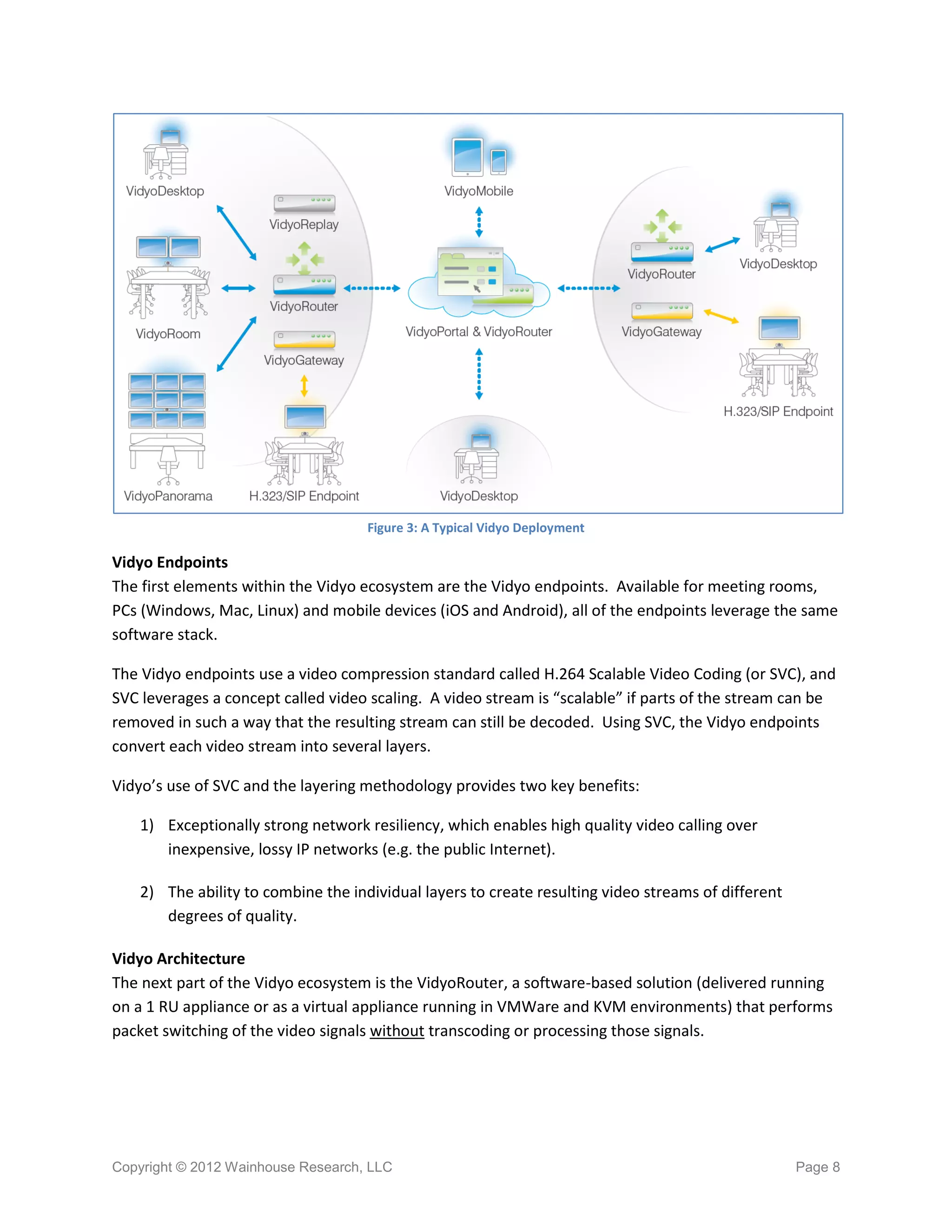 Figure 3: A Typical Vidyo Deployment

Vidyo Endpoints
The first elements within the Vidyo ecosystem are the Vidyo endpoints. Available for meeting rooms,
PCs (Windows, Mac, Linux) and mobile devices (iOS and Android), all of the endpoints leverage the same
software stack.

The Vidyo endpoints use a video compression standard called H.264 Scalable Video Coding (or SVC), and
SVC leverages a concept called video scaling. A video stream is “scalable” if parts of the stream can be
removed in such a way that the resulting stream can still be decoded. Using SVC, the Vidyo endpoints
convert each video stream into several layers.

Vidyo’s use of SVC and the layering methodology provides two key benefits:

    1) Exceptionally strong network resiliency, which enables high quality video calling over
       inexpensive, lossy IP networks (e.g. the public Internet).

    2) The ability to combine the individual layers to create resulting video streams of different
       degrees of quality.

Vidyo Architecture
The next part of the Vidyo ecosystem is the VidyoRouter, a software-based solution (delivered running
on a 1 RU appliance or as a virtual appliance running in VMWare and KVM environments) that performs
packet switching of the video signals without transcoding or processing those signals.




Copyright © 2012 Wainhouse Research, LLC                                                             Page 8
 