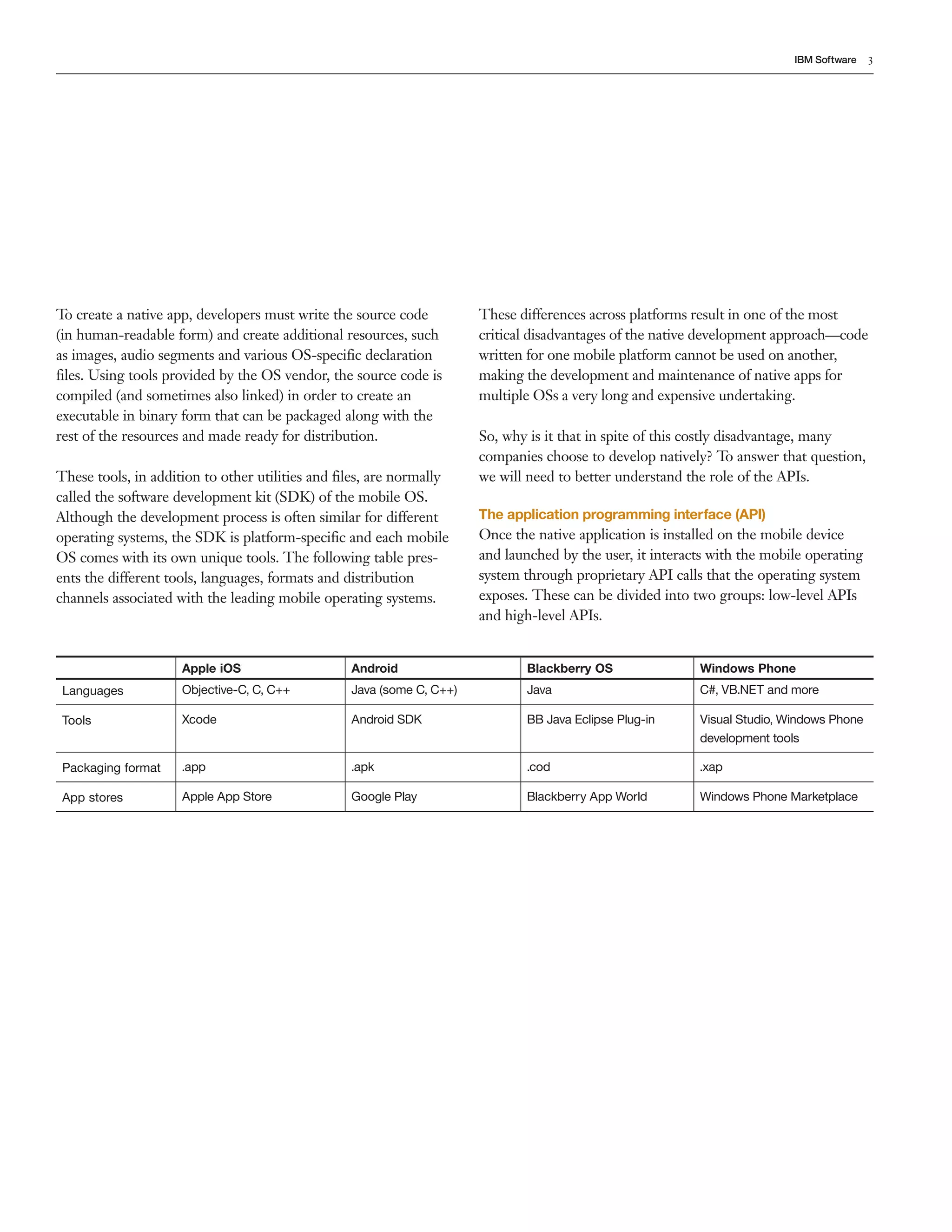 IBM Software 3 
To create a native app, developers must write the source code 
(in human-readable form) and create additional resources, such 
as images, audio segments and various OS-specific declaration 
files. Using tools provided by the OS vendor, the source code is 
compiled (and sometimes also linked) in order to create an 
executable in binary form that can be packaged along with the 
rest of the resources and made ready for distribution. 
These tools, in addition to other utilities and files, are normally 
called the software development kit (SDK) of the mobile OS. 
Although the development process is often similar for different 
operating systems, the SDK is platform-specific and each mobile 
OS comes with its own unique tools. The following table pres-ents 
the different tools, languages, formats and distribution 
channels associated with the leading mobile operating systems. 
These differences across platforms result in one of the most 
critical disadvantages of the native development approach—code 
written for one mobile platform cannot be used on another, 
making the development and maintenance of native apps for 
multiple OSs a very long and expensive undertaking. 
So, why is it that in spite of this costly disadvantage, many 
companies choose to develop natively? To answer that question, 
we will need to better understand the role of the APIs. 
The application programming interface (API) 
Once the native application is installed on the mobile device 
and launched by the user, it interacts with the mobile operating 
system through proprietary API calls that the operating system 
exposes. These can be divided into two groups: low-level APIs 
and high-level APIs. 
Apple iOS Android Blackberry OS Windows Phone 
Languages Objective-C, C, C++ Java (some C, C++) Java C#, VB.NET and more 
Tools Xcode Android SDK BB Java Eclipse Plug-in Visual Studio, Windows Phone 
development tools 
Packaging format .app .apk .cod .xap 
App stores Apple App Store Google Play Blackberry App World Windows Phone Marketplace 
 