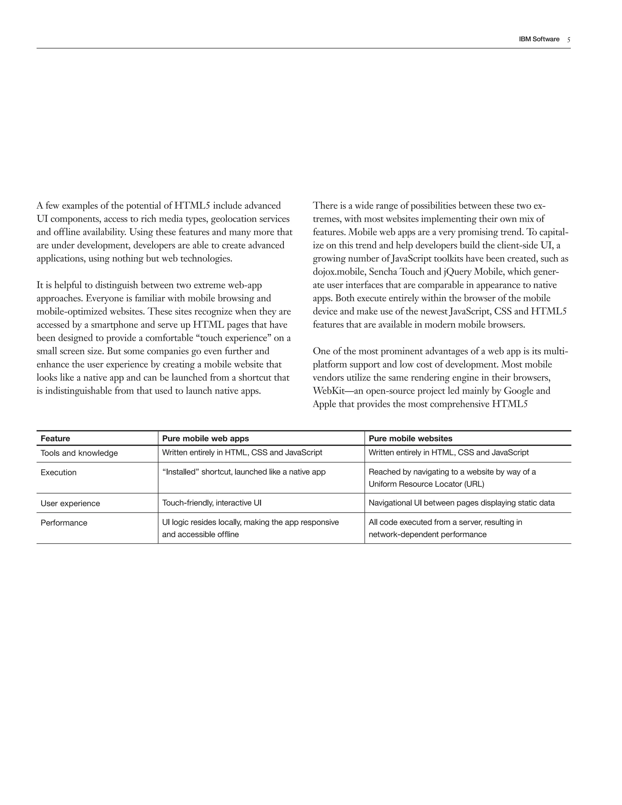 IBM Software 5 
A few examples of the potential of HTML5 include advanced 
UI components, access to rich media types, geolocation services 
and offline availability. Using these features and many more that 
are under development, developers are able to create advanced 
applications, using nothing but web technologies. 
It is helpful to distinguish between two extreme web-app 
approaches. Everyone is familiar with mobile browsing and 
mobile-optimized websites. These sites recognize when they are 
accessed by a smartphone and serve up HTML pages that have 
been designed to provide a comfortable “touch experience” on a 
small screen size. But some companies go even further and 
enhance the user experience by creating a mobile website that 
looks like a native app and can be launched from a shortcut that 
is indistinguishable from that used to launch native apps. 
There is a wide range of possibilities between these two ex-tremes, 
with most websites implementing their own mix of 
features. Mobile web apps are a very promising trend. To capital-ize 
on this trend and help developers build the client-side UI, a 
growing number of JavaScript toolkits have been created, such as 
dojox.mobile, Sencha Touch and jQuery Mobile, which gener-ate 
user interfaces that are comparable in appearance to native 
apps. Both execute entirely within the browser of the mobile 
device and make use of the newest JavaScript, CSS and HTML5 
features that are available in modern mobile browsers. 
One of the most prominent advantages of a web app is its multi-platform 
support and low cost of development. Most mobile 
vendors utilize the same rendering engine in their browsers, 
WebKit—an open-source project led mainly by Google and 
Apple that provides the most comprehensive HTML5 
Feature Pure mobile web apps Pure mobile websites 
Tools and knowledge Written entirely in HTML, CSS and JavaScript Written entirely in HTML, CSS and JavaScript 
Execution “Installed” shortcut, launched like a native app Reached by navigating to a website by way of a 
Uniform Resource Locator (URL) 
User experience Touch-friendly, interactive UI Navigational UI between pages displaying static data 
Performance UI logic resides locally, making the app responsive 
and accessible offline 
All code executed from a server, resulting in 
network-dependent performance 
 