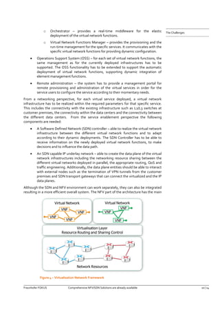 Fraunhofer FOKUS Comprehensive NFV/SDN Solutions are already available 10 | 14 
The Challenges 
o Orchestrator – provides a real-time middleware for the elastic deployment of the virtual network functions. 
o Virtual Network Functions Manager – provides the provisioning and the run-time management for the specific services. It communicates with the specific virtual network functions for providing dynamic configuration. 
 Operations Support System (OSS) – for each set of virtual network functions, the same management as for the currently deployed infrastructures has to be supported. The OSS functionality has to be extended to support the automatic deployment of virtual network functions, supporting dynamic integration of element management functions. 
 Remote administration – the system has to provide a management portal for remote provisioning and administration of the virtual services in order for the service users to configure the service according to their momentary needs. 
From a networking perspective, for each virtual service deployed, a virtual network infrastructure has to be realized within the required parameters for that specific service. This includes the connectivity with the existing infrastructure such as L2/L3 switches at customer premises, the connectivity within the data centers and the connectivity between the different data centers. From the service enablement perspective the following components are needed: 
 A Software Defined Network (SDN) controller – able to realize the virtual network infrastructure between the different virtual network functions and to adapt according to their dynamic deployments. The SDN Controller has to be able to receive information on the newly deployed virtual network functions, to make decisions and to influence the data path. 
 An SDN capable IP underlay network – able to create the data plane of the virtual network infrastructures including the networking resource sharing between the different virtual networks deployed in parallel, the appropriate routing, QoS and traffic engineering. Additionally, the data plane entities should be able to interact with external nodes such as the termination of VPN tunnels from the customer premises and SDN transport gateways that can connect the virtualized and the IP data planes. 
Although the SDN and NFV environment can work separately, they can also be integrated resulting in a more efficient overall system. The NFV part of the architecture has the main 
Figure 4 – Virtualisation Network Framework  