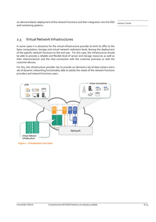 Fraunhofer FOKUS Comprehensive NFV/SDN Solutions are already available 8 | 14 
Industry Trends 
on-demand elastic deployment of the network functions and their integration into the OSS and monitoring systems. 
2.3 Virtual Network Infrastructures 
In some cases it is attractive for the virtual infrastructure provider to limit its offer to the basic computation, storage and virtual network realization level, leaving the deployment of the specific network functions to the end user. For this case, the infrastructure should be able to provide a reliable and flexible level of server and storage resources as well as their interconnection and the inter-connection with the customer premises or with the customer devices. 
For this, the infrastructure provider has to provide on-demand a set of data centers and a set of dynamic networking functionality able to satisfy the needs of the network functions providers and network functions users. 
Figure 2 - Virtualisation Use Cases  