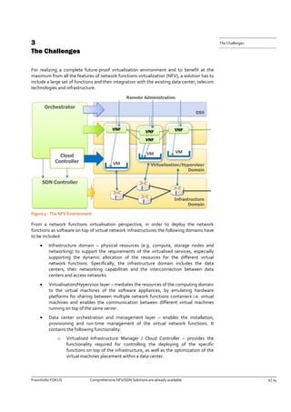 Fraunhofer FOKUS Comprehensive NFV/SDN Solutions are already available 9 | 14 
The Challenges 
3 The Challenges 
For realizing a complete future-proof virtualisation environment and to benefit at the maximum from all the features of network functions virtualization (NFV), a solution has to include a large set of functions and their integration with the existing data center, telecom technologies and infrastructure. 
Figure 3 - The NFV Environment 
From a network functions virtualisation perspective, in order to deploy the network functions as software on top of virtual network infrastructures the following domains have to be included: 
 Infrastructure domain – physical resources (e.g. compute, storage nodes and networking) to support the requirements of the virtualised services, especially supporting the dynamic allocation of the resources for the different virtual network functions. Specifically, the infrastructure domain includes the data centers, their networking capabilities and the interconnection between data centers and access networks. 
 Virtualisation/Hypervisor layer – mediates the resources of the computing domain to the virtual machines of the software appliances, by emulating hardware platforms for sharing between multiple network functions containers i.e. virtual machines and enables the communication between different virtual machines running on top of the same server. 
 Data center orchestration and management layer – enables the installation, provisioning and run-time management of the virtual network functions. It contains the following functionality: 
o Virtualised Infrastructure Manager / Cloud Controller – provides the functionality required for controlling the deploying of the specific functions on top of the infrastructure, as well as the optimization of the virtual machines placement within a data center.  