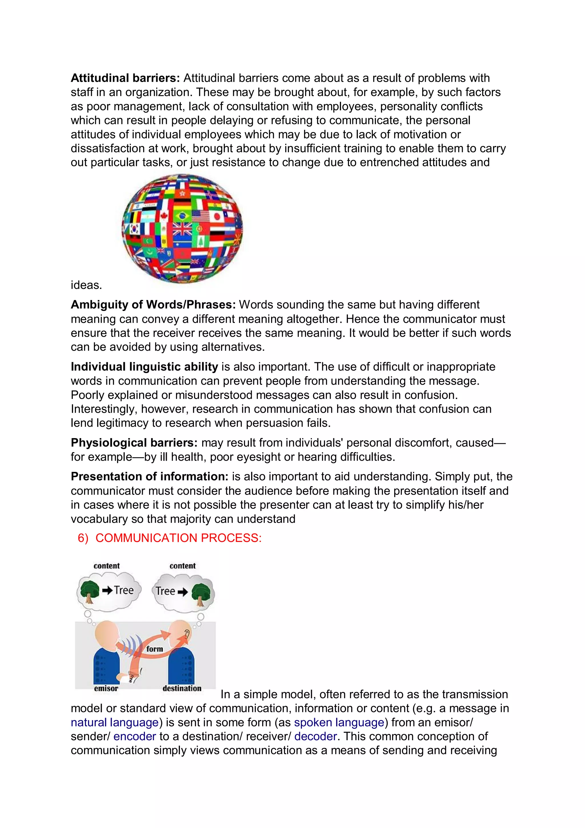 Attitudinal barriers: Attitudinal barriers come about as a result of problems with
staff in an organization. These may be brought about, for example, by such factors
as poor management, lack of consultation with employees, personality conflicts
which can result in people delaying or refusing to communicate, the personal
attitudes of individual employees which may be due to lack of motivation or
dissatisfaction at work, brought about by insufficient training to enable them to carry
out particular tasks, or just resistance to change due to entrenched attitudes and




ideas.
Ambiguity of Words/Phrases: Words sounding the same but having different
meaning can convey a different meaning altogether. Hence the communicator must
ensure that the receiver receives the same meaning. It would be better if such words
can be avoided by using alternatives.
Individual linguistic ability is also important. The use of difficult or inappropriate
words in communication can prevent people from understanding the message.
Poorly explained or misunderstood messages can also result in confusion.
Interestingly, however, research in communication has shown that confusion can
lend legitimacy to research when persuasion fails.
Physiological barriers: may result from individuals' personal discomfort, caused—
for example—by ill health, poor eyesight or hearing difficulties.
Presentation of information: is also important to aid understanding. Simply put, the
communicator must consider the audience before making the presentation itself and
in cases where it is not possible the presenter can at least try to simplify his/her
vocabulary so that majority can understand
 6) COMMUNICATION PROCESS:




                              In a simple model, often referred to as the transmission
model or standard view of communication, information or content (e.g. a message in
natural language) is sent in some form (as spoken language) from an emisor/
sender/ encoder to a destination/ receiver/ decoder. This common conception of
communication simply views communication as a means of sending and receiving
 