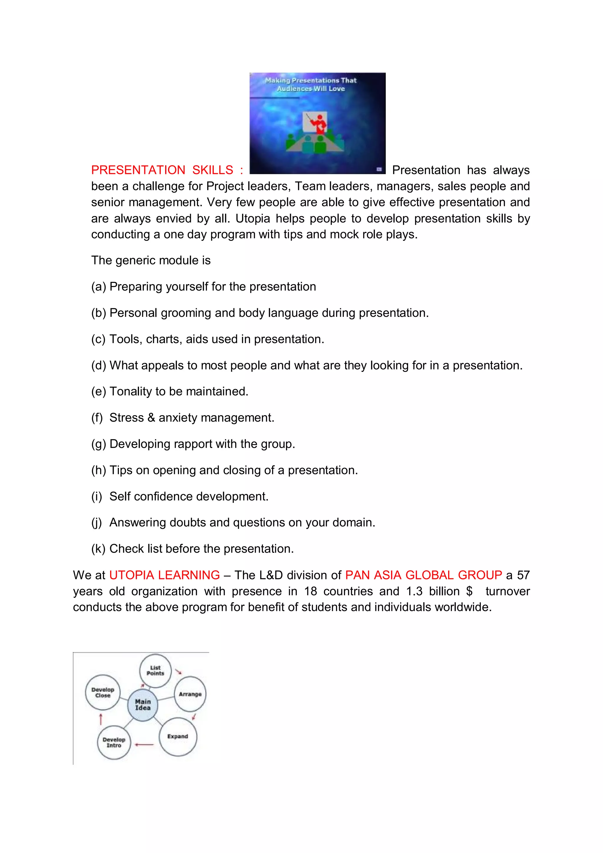 PRESENTATION SKILLS :                                 Presentation has always
   been a challenge for Project leaders, Team leaders, managers, sales people and
   senior management. Very few people are able to give effective presentation and
   are always envied by all. Utopia helps people to develop presentation skills by
   conducting a one day program with tips and mock role plays.

   The generic module is

   (a) Preparing yourself for the presentation

   (b) Personal grooming and body language during presentation.

   (c) Tools, charts, aids used in presentation.

   (d) What appeals to most people and what are they looking for in a presentation.

   (e) Tonality to be maintained.

   (f) Stress & anxiety management.

   (g) Developing rapport with the group.

   (h) Tips on opening and closing of a presentation.

   (i) Self confidence development.

   (j) Answering doubts and questions on your domain.

   (k) Check list before the presentation.

We at UTOPIA LEARNING – The L&D division of PAN ASIA GLOBAL GROUP a 57
years old organization with presence in 18 countries and 1.3 billion $ turnover
conducts the above program for benefit of students and individuals worldwide.
 