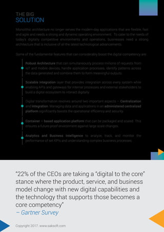 THE BIG
SOLUTION
Monolithic architecture no longer serves the modern-day applications that are flexible, fast
and agile and needs a strong and dynamic operating environment. To cater to the needs of
today’s digitally competitive environments and operations, businesses need a strong
architecture that is inclusive of all the latest technological advancements.
Some of the fundamental features that can considerably boost the digital competency are:
Robust Architecture that can simultaneously process millions of requests from
IoT and mobile devices, handle application processes, identify patterns across
the data generated and combine them to form meaningful outputs.
Scalable Integration layer that provides integration across every system while
enabling APIs and gateways for internal processes and external stakeholders to
build a digital ecosystem to interact digitally.
Digital transformation revolves around two important aspects – Centralization
and Integration. Managing data and applications in an administered centralized
platform signiﬁcantly boosts the operational efﬁciency and security.
Container – based application platform that can be packaged and scaled. This
ensures a future-proof environment against large scale changes.
Analytics and Business Intelligence to analyze, track, and monitor the
performance of set KPIs and understanding complex business processes.
“22% of the CEOs are taking a “digital to the core”
stance where the product, service, and business
model change with new digital capabilities and
the technology that supports those becomes a
core competency”
– Gartner Survey
Copyright 2017. www.saksoft.com
 