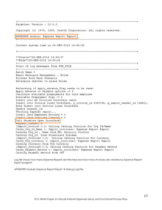 17
R12: White Paper on Oracle Internet Expenses Setup and Functional Process Flow
Log file shows how many Expense Reports are fetched and how many Invoices are created by Expense Report
Export program
APXEXPER module: Expense Report Export  Debug Log File
 