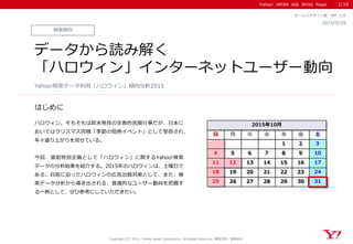 Yahoo! JAPAN Ads White Paper
はじめに
Copyright (C) 2015 Yahoo Japan Corporation. All Rights Reserved. 無断引用・転載禁止
検索傾向
2015/9/29
セールスデザイン部 WP_118
データから読み解く
「ハロウィン」インターネットユーザー動向
ハロウィン。そもそもは欧米発祥の宗教的民間行事だが、日本に
おいてはクリスマス同様「季節の恒例イベント」として受容され、
年々盛り上がりを見せている。
今回、直前特別企画として「ハロウィン」に関するYahoo!検索
データの分析結果を紹介する。2015年のハロウィンは、土曜日で
ある。目前に迫ったハロウィンの広告出稿対策として、また、検
索データ分析から導き出される、普遍的なユーザー動向を把握す
る一例として、ぜひ参考にしていただきたい。
Yahoo!検索データ利用「ハロウィン」傾向分析2015
1/10
日 月 火 水 木 金 土
1 2 3
4 5 6 7 8 9 10
11 12 13 14 15 16 17
18 19 20 21 22 23 24
25 26 27 28 29 30 31
2015年10月
 