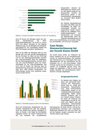 Komponenten während der
        Fehlende Erfahrungswerte                                                               46%
                                                                                                         Pilotprojekte als nützlich erwie-
                                                                                                         sen. Der spätere Austausch von
                 Nutzennachweis                                                          43%
                                                                                                         Komponenten nachdem die
                  Zu hohe Kosten                                               36%
                                                                                                         RFID-Lösung bereits in den
                                                                                                         Produktivbetrieb übergegangen
        Fehlende Standardisierung                                    29%
                                                                                                         ist, verursacht dabei deutlich
          Es wird keine Mehrwert
                                                                    29%                                  höhere Kosten.
                 gesehen

            Zu wenig erfolgreiche
                                                                    29%
                Referenzen                                                                 Die fehlende Standardisierung
        Rechtliche Unsicherheiten         7%                                               hat zudem den Effekt, dass die
   Thema einfach nicht spannend
                                                                                           Schnittstellen bei jedem An-
                                     4%
              genug                                                                        wendungsfall komplett neu
                       Sonstiges          10%                                              programmiert werden müssen.
                                 0% 5%  10%   15%   20% 25%  30%  35%     40%  45%  50%
                                                                                           Aufgrund der vielfältigen Kom-
                                                                                           binationsmöglichkeiten      von
Abbildung 3 | Gründe für die zögerliche Verbreitung von RFID in der Instandhaltung
                                                                                           Komponenten und verwende-
                                                                                           ten Datenformaten sowie der
                                                                                           fehlenden Standardisierung von
Etwa 30 Prozent der Befragten geben die „feh-
                                                                       RFID in der Instandhaltung, ist es derzeit unmög-
lende             Standardisierung              bei       RFID-
                                                                       lich, Schnittstellen „out of the box“ anzubieten.
Instandhaltungslösungen“ als Grund an, warum
RFID nicht stärker verbreitet ist. Die folgende
Abbildung zeigt, wie die Befragten den Standardi-                      Case Study:
sierungsgrad für vier verschiedene Aspekte der
RFID-Technologie einschätzen (Abbildung 4).                            Messwerterfassung bei
                                                                               der Evonik Oxeno GmbH
Mehr als die Hälfte der Befragten sieht nur eine
geringe oder eine sehr geringe Standardisierung                                Die Evonik Oxeno GmbH, ein Teilbereich der
bei den Formaten für Daten auf den RFID-Tags                                   Evonik Industries AG, ist ein Produktionsunter-
und bei den Übertragungsprotokollen zwischen                                   nehmen für Industriechemikalien. Der Hauptsitz
dem Lese-/Schreibgerät sowie der Middleware.                                   des Unternehmens ist im Chemiepark Marl. Spe-
Bei den Übertragungsprotokollen zwischen RFID-                                 zialkompetenzen hat das Unternehmen bei der
Tag und Lese-/Schreibgerät sowie der Plugin-                                   Produktion von C4- und Oxo-Produkten. Diese
Schnittstelle für die Lese-/Schreibgeräte sind                                 Produkte werden bei der Herstellung von Weich-
noch rund 40 Prozent der Meinung, dass die                                     machern für Kunststoffe genutzt. Durch den
Standardisierung gering oder sehr gering ist. Dies                             Ausbau der Kapazitäten in Marl ist Evonik zum
führt dazu, dass einzelne Komponenten von                                      größten Hersteller von hochmolekularen Weich-
RFID-Lösungen derzeit nicht problemlos ausge-                                  machern in Europa aufgestiegen.
tauscht werden können.

                                                                                                         Ausgangssituation
  40%
                                                     37%                             Sehr geringe
                 36%
  35%
                                                                                     Standardisierung                  Für Bauteile oder Anlagen, bei
                                    32%                                              Geringe
                                                                                     Standardisierung
                                                                                                                       denen eine permanente Über-
                                       30%                                         30%
  30%
           28%
                                                          29%
                                                                                                      Mittlere         wachung des Maschinenzu-
                                                                                                      Standardisierung
  25%
                                           24%                                 24%     24%
                                                                                                      Hohe
                                                                                                                       stands nötig ist, erfolgt eine
        22%
                                                                   20%
                                                                                                      Standardisierung automatische     Messwerterfas-
  20%                                                                                                 Sehr hohe
                                                                                                      Standardisierung sung. Diese kontinuierlichen
  15%
                                                     14%                                   14%                         Zustandsdaten werden an ein
                        11%
                                                                                                                        Produktionsinformationssystem
  10%                          8%                                                              8%
                                               5%
                                                                                                                       weitergeleitet. Neben diesen
   5%
                    3%                                                                                                 kritischen Systemen gibt es
   0%
                                                                        0%                                             eine Vielzahl weiterer Anlagen,
       Datenformate für RFID-
               Tags
                              Übertragungsprotokolle
                              zwischen RFID-Tag und
                                                     Plugin-Schnittstelle für
                                                      Lese-/Schreibgeräte
                                                                              Übertragungsprotokolle
                                                                                 zwischen Lese-
                                                                                                                       bei denen die Erfassung von
                                Lese-/Schreibgerät                              /Schreibgerät und
                                                                                    Middleware
                                                                                                                       Zustandsdaten sinnvoll ist. Hier
                                                                                                                       reicht eine tägliche oder gar
Abbildung 4 | Standardisierungsgrad von RFID in der Instandhaltung                                                     wöchentliche     Dokumentation
                                                                                                                       der Zustandsdaten aus. So z. B.
Wird eine Komponente, beispielsweise der ver-                                                     Wärmetauscher, bei denen die Ein- und die Aus-
wendete Transponder-Typ oder das Lesegerät,                                                       gangstemperatur gemessen wird. Zustandsver-
durch das Modell eines anderen Herstellers er-                                                    änderungen entstehen hier nicht von einem Tag
setzt, so müssen in der Regel die Schnittstellen                                                  auf den anderen, sondern entwickeln sich über
angepasst werden. Vor diesem Hintergrund hat                                                      mehrere Wochen oder Monate.
sich das Austesten der verschiedensten




                                                                           5

                                          T.A. Cook Consultants White Paper 01/2011 | RFID BEST PRACTICE
 