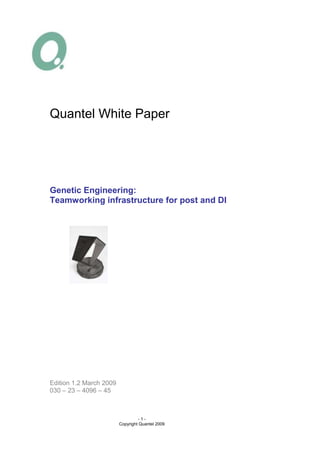 Quantel White Paper




Genetic Engineering:
Teamworking infrastructure for post and DI




Edition 1.2 March 2009
030 – 23 – 4096 – 45



                                  -1-
                         Copyright Quantel 2009
 