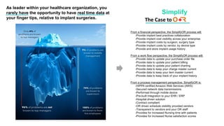 The Case to
As leader within your healthcare organization, you
rarely have the opportunity to have real time data at
your finger tips, relative to implant surgeries.
From a financial perspective, the SimplifyOR process will:
-Provide implant best practices collaboration
-Provide implant cost visibility across your enterprise
-Provide implant costs by surgeon, surgery type
-Provide implant costs by vendor, by device type
-Provide and store implant usage history
From a work flow perspective, the SimplifyOR process will:
-Provide data to update your purchase order file
-Provide data to update your patient billing
-Provide data to update your patient charting
-Provide data to keep your charge master current
-Provide data to keep your item master current
-Provide data to keep track of your implant history
From a process management perspective, SimplifyOR is:
-HIPPA certified Amazon Web Services (AWS)
-Secured network data transmissions
-Performed through mobile device
-Pre-built Integration to your EHR / ERP
-Hospital driven solution
-Contract compliant
-OR driven schedule visibility provided vendors
-Transparent to vendors and your OR staff
-Provides for increased Nursing time with patients
-Provides for increased Nurse satisfaction scores
 