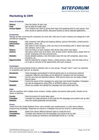 Marketing & CRM
Users & Contacts
History               View the history of each user.
Task                  Set up tasks for single users.
Access Rights         Turn contacts into users by giving them login and assigning them to user groups. Give
                      them access to special content, discussion boards as well as selected applications.

Companies
Manage all data concerning the companies you work with. Add users to each company and categorize it with
self-defined categories.
Company               Add companies with billing and shipping address, general information, contact person,
Information           description, owner, etc.
Notes                 Add notes to each company, when you have to do something with it. Select note types
                      like call-back, mail or visit.
History               View the history of each company with all the notes which were taken.
Actions               Set actions which have to be done. View all open and/or closed actions, assign them to
                      certain employees and view archived ones.
Statistic             Access detailed statistics. Get information about the top 100 companies, about sizes,
                      industries, etc.
Opportunities         Add the potential for projects, factors, contact persons, status, and next steps and so
                      on to get an overview of the opportunities with each company.

Campaigns
Write and send personalized emails to selected users or user groups. Through “opt-in” users can subscribe
to newsletters and "opt-out" at anytime.
Recipients            Send campaigns personalized to internal portal users or to anonymous external
                      recipients. Different mail bodies can be defined for members and non-members.
Delivery              Use the very fast and optimized delivery. With bounce boxes you can easily analyse
                      bounce backs.
Templates             Control the layout of the campaigns by using main and content templates. Campaigns
                      can also be designed by using HTML or WYSIWYG editor or pure text.
Statistic             Shows you exactly who opened the campaign and who clicked each link.

Polls
Polls are questions with multiple-choice answers. Initiate, deploy and present polls quickly. Results can be
shown in real-time.
Counts                View the amount of counts taken place.
Translate             Translate the single elements of each poll into the languages your portal is set up with.
Statistic             View the results graphically and percentile.

Forms
Create forms like simple feedback forms, more complex user questionnaires, or order forms without
programming knowledge. Responses are stored in a database and sent by email to a defined address.
Elements              Select from eleven different element types to create the form.
Translations          Translate each element into the languages your portal is set up with.
Statistic             View the results per timeframe and download the list as *.csv-file.




SITEFORUM Whitepaper v6.0                                                                      Page 14 of 36
For more information please visit us at www.siteforum.com
 