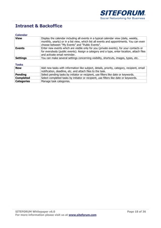 Intranet & Backoffice
Calendar
View              Display the calendar including all events in a typical calendar view (daily, weekly,
                  monthly, yearly) or in a list view, which list all events and appointments. You can even
                  choose between “My Events” and “Public Events”.
Events            Enter new events which are visible only for you (private events), for your contacts or
                  for everybody (public events). Assign a category and a type, enter location, attach files
                  and activate email reminder.
Settings          You can make several settings concerning visibility, shortcuts, images, types, etc.

Tasks
New               Add new tasks with information like subject, details, priority, category, recipient, email
                  notification, deadline, etc. and attach files to the task.
Pending           Select pending tasks by initiator or recipient, use filters like date or keywords.
Completed         Select completed tasks by initiator or recipient, use filters like date or keywords.
Categories        Manage task categories.




SITEFORUM Whitepaper v6.0                                                                   Page 18 of 36
For more information please visit us at www.siteforum.com
 