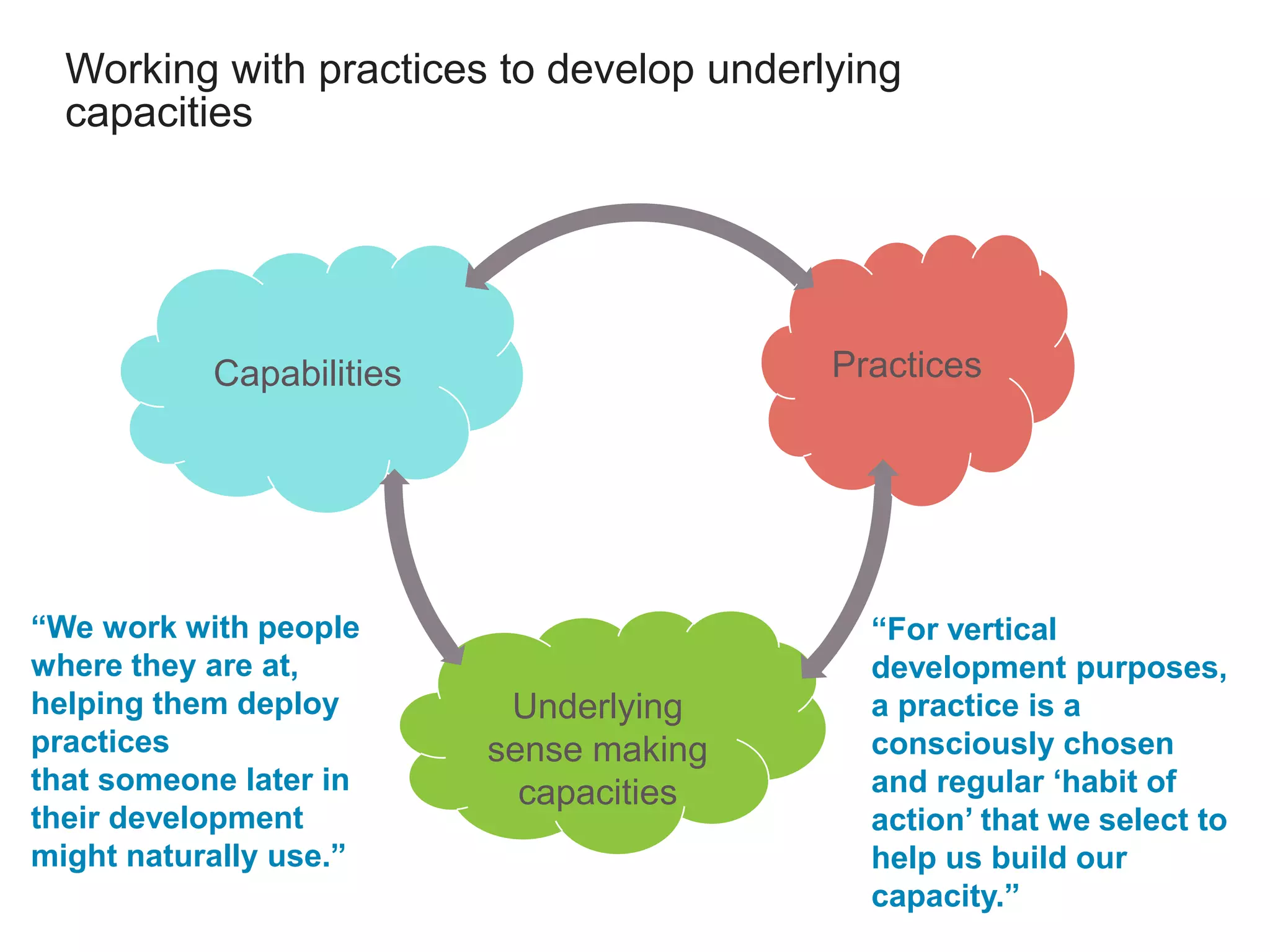 Underlying
sense making
capacities
Capabilities Practices
Working with practices to develop underlying
capacities
“For vertical
development purposes,
a practice is a
consciously chosen
and regular ‘habit of
action’ that we select to
help us build our
capacity.”
“We work with people
where they are at,
helping them deploy
practices
that someone later in
their development
might naturally use.”
 