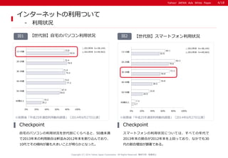 Yahoo! JAPAN Ads White PaperYahoo! JAPAN Ads White Paper
Copyright (C) 2014 Yahoo Japan Corporation. All Rights Reserved. 無断引用・転載禁止
インターネットの利用ついて
- 利用状況
【世代別】スマートフォン利用状況図2図1 【世代別】自宅のパソコン利用状況
自宅のパソコンの利用状況を世代別にくらべると、50歳未満
で2013年末の利用割合は軒並み2012年末を割り込んでおり、
10代でその傾向が最も大きいことが明らかとなった。
Checkpoint
スマートフォンの利用状況については、すべての年代で
2013年末の割合が2012年末を上回っており、なかでも30
代の割合増加が顕著である。
Checkpoint
※総務省「平成25年通信利用動向調査」（2014年6月27日公表） ※総務省「平成25年通信利用動向調査」（2014年6月27日公表）
73.8
73.4
71.0
73.0
67.9
33.2
83.9
78.9
75.4
77.2
64.6
29.2
0％ 20％ 40％ 60％ 80％ 100％
13-19歳
20-29歳
30-39歳
40-49歳
50-59歳
60歳以上
2013年末（n=38,144)
2012年末（n=49,563)
64.1
83.3
72.3
54.8
33.8
7.3
52.9
70.6
54.8
39.5
20.9
3.7
0％ 20％ 40％ 60％ 80％ 100％
13-19歳
20-29歳
30-39歳
40-49歳
50-59歳
60歳以上
2013年末（n=38,144)
2012年末（n=49,563)
4/18
 