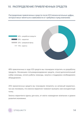 14
40% - разработка продукта
25% - маркетинг
25% - резервный фонд
10% - юристы
Распределение привлеченных средств после ICO (неокончательные цифры,
которые могут меняться в зависимости от требуемых нужд компании):
40% привлеченных в ходе ICO средств мы планируем потратить на разработку
продукта. Основными статьямирасходования средств, станут:дополнительный
набор команды, оплата работы команды, закупка и поддержка необходимого
оборудования.
25% привлеченных средств мы планируем потратить на активный маркетинг,
так как понимаем, что именно маркетинг поможет выиграть нам конкурентную
гонку.
Законы маркетинга едины для всех, от места нахождения компании и уровня
развития экономики.
10. РАСПРЕДЕЛЕНИЕ ПРИВЛЕЧЕННЫХ СРЕДСТВ
 