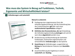 Was muss das System in Bezug auf Funktionen, Technik,
Ergonomie und Wirtschaftlichkeit leisten?
Whitepaper Professionelle Systemauswahl 10
Anforderungen und Lastenheft
Worauf es ankommt:
 Festlegung einer angemessenen Form der
Anforderungsbeschreibung: Soll die Entwicklung bzw.
das Customizing eher agil oder nach einer
ausformulierten Spezifikation erfolgen?
 Definition des Personenkreises, der zur Entwicklung
der Anforderungsbeschreibung beitragen soll und mit
wem diese abgestimmt werden muss
 Strukturierung und Beschreibung der konkreten
funktionalen, technischen ergonomischen und
wirtschaftlichen Anforderungen an die Systeme
 Gewichtung der Anforderungen, ausgerichtet am
Beitrag der beschriebenen Features zum Geschäfts-
erfolg
 Zusammenführung der Ergebnisse in einem
Lastenheft oder Backlog
4
 