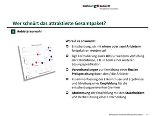 Wer schnürt das attraktivste Gesamtpaket?
Whitepaper Professionelle Systemauswahl 14
Anbieterauswahl
Worauf es ankommt:
 Entscheidung, ob mit einem oder zwei Anbietern
fortgefahren werden soll
 Ggf. Formulierung eines LOI zur weiteren Vertiefung
der Erkenntnisse, z.B. in Form einer weiteren
Lösungsspezifikation
 Vorverhandlungen zur Erreichung einer finalen
Preisgestaltung durch den / die Anbieter
 Zusammenfassung der Erkenntnisse und Ergebnisse
und Ableitung einer Empfehlung für die
entscheidungsrelevanten Gremien
 Abstimmung der Empfehlung mit den Stakeholdern
und Herbeiführung einer Entscheidung
8
 