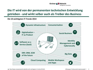 Die IT wird von der permanenten technischen Entwicklung
getrieben - und wirkt selber auch als Treiber des Business
Whitepaper Professionelle Systemauswahl 4
Die 10 wichtigsten IT-Trends 2014
vgl. http://www.computerwoche.de/a/die-zehn-wichtigsten-it-trends,2551615
Digitalization –
IT as Product
Software as a
Service (SaaS)
ERP, CRM, SCM
of the future
Cloud Computing
Dynamic Infrastructure
Social Business
Identitiy
Management and
Cybersecuity
Big Data
Mobile Workspace
and Apps
Consumerisation
 