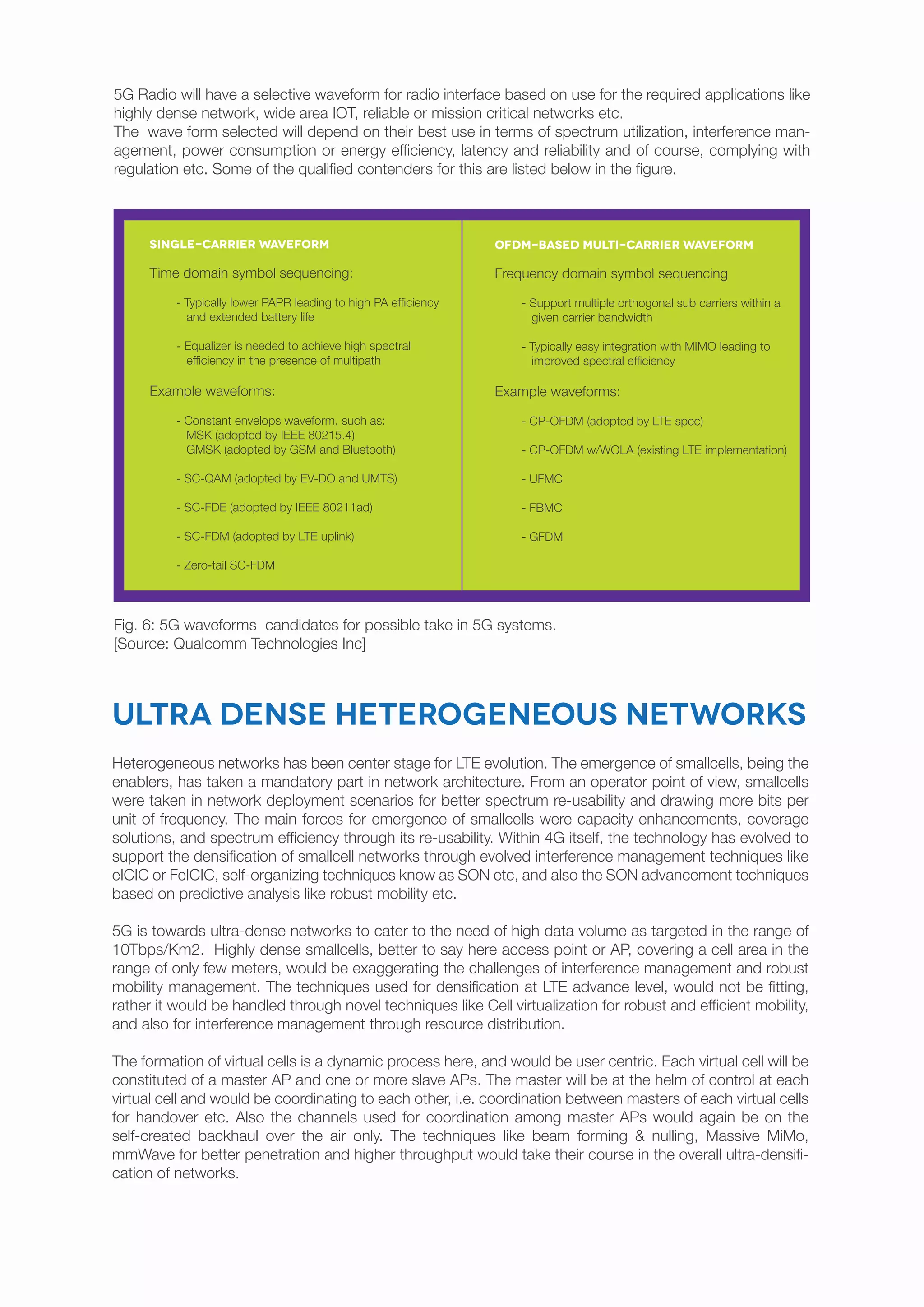 Fig. 6: 5G waveforms candidates for possible take in 5G systems.
[Source: Qualcomm Technologies Inc]
5G Radio will have a selective waveform for radio interface based on use for the required applications like
highly dense network, wide area IOT, reliable or mission critical networks etc.
The wave form selected will depend on their best use in terms of spectrum utilization, interference man-
agement, power consumption or energy efficiency, latency and reliability and of course, complying with
regulation etc. Some of the qualified contenders for this are listed below in the figure.
OFDM-based multi-carrier waveformSingle-carrier waveform
Time domain symbol sequencing:
- Typically lower PAPR leading to high PA efficiency
and extended battery life
- Equalizer is needed to achieve high spectral
efficiency in the presence of multipath
Example waveforms:
- Constant envelops waveform, such as:
MSK (adopted by IEEE 80215.4)
GMSK (adopted by GSM and Bluetooth)
- SC-QAM (adopted by EV-DO and UMTS)
- SC-FDE (adopted by IEEE 80211ad)
- SC-FDM (adopted by LTE uplink)
- Zero-tail SC-FDM
Frequency domain symbol sequencing
- Support multiple orthogonal sub carriers within a
given carrier bandwidth
- Typically easy integration with MIMO leading to
improved spectral efficiency
Example waveforms:
- CP-OFDM (adopted by LTE spec)
- CP-OFDM w/WOLA (existing LTE implementation)
- UFMC
- FBMC
- GFDM
Ultra Dense Heterogeneous Networks
Heterogeneous networks has been center stage for LTE evolution. The emergence of smallcells, being the
enablers, has taken a mandatory part in network architecture. From an operator point of view, smallcells
were taken in network deployment scenarios for better spectrum re-usability and drawing more bits per
unit of frequency. The main forces for emergence of smallcells were capacity enhancements, coverage
solutions, and spectrum efficiency through its re-usability. Within 4G itself, the technology has evolved to
support the densification of smallcell networks through evolved interference management techniques like
eICIC or FeICIC, self-organizing techniques know as SON etc, and also the SON advancement techniques
based on predictive analysis like robust mobility etc.
5G is towards ultra-dense networks to cater to the need of high data volume as targeted in the range of
10Tbps/Km2. Highly dense smallcells, better to say here access point or AP, covering a cell area in the
range of only few meters, would be exaggerating the challenges of interference management and robust
mobility management. The techniques used for densification at LTE advance level, would not be fitting,
rather it would be handled through novel techniques like Cell virtualization for robust and efficient mobility,
and also for interference management through resource distribution.
The formation of virtual cells is a dynamic process here, and would be user centric. Each virtual cell will be
constituted of a master AP and one or more slave APs. The master will be at the helm of control at each
virtual cell and would be coordinating to each other, i.e. coordination between masters of each virtual cells
for handover etc. Also the channels used for coordination among master APs would again be on the
self-created backhaul over the air only. The techniques like beam forming & nulling, Massive MiMo,
mmWave for better penetration and higher throughput would take their course in the overall ultra-densifi-
cation of networks.
 