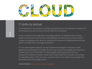 IT shifts its skill set
Continued growth in cloud adoption is creating increased demand for cloud expertise. In response, IT is
prioritizing cloud-focused training for both hard skills and new workflows.
In order to execute on their organization’s technology roadmap, IT is shifting its skill set. Training
programs are focusing on cloud security, hosted databases, and infrastructure as a service. And IT
managers are stepping up their search for candidates with experience in DevOps practices and cloud
platforms like AWS, Azure, and Google Cloud Platform.
IT is also reorienting their approach. Top-down waterfall methodologies for multi-year on-prem
deployments have long been the standard. But with cloud, concerns like scalability and maintenance
are all but taken care of. In their place, IT is adopting agile methods that provide continuous
development and delivery of projects. Hosted servers supporting a POC, for example, are now seens
as a disposable resource. They can be spun up and shut down in just a matter of hours, giving IT new
bandwidth to drive more strategic projects.
FURTHER READING: The new role of IT (BetterCloud Monitor)
1
 