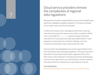 Cloud service providers remove
the complexities of regional
data regulations
New government policies regarding data privacy and sovereignty pose
significant challenges for global companies. To comply, businesses
are turning to major cloud service providers.
In 2015, the European Union ruled against Safe Harbor, requiring
international companies to revamp many of their compliance efforts.
Then in July 2016, the Privacy Shield agreement again demanded
new efforts from businesses with data spanning the Atlantic. These
regulations are proving to be a constant challenge, and many
companies are looking to major cloud providers for help.
Cloud providers operate globally and maintain regional data centers
that meet today’s data sovereignty regulations. They also have teams
dedicated to monitoring and planning for regulatory shifts, which
often proves cost-prohibitive for individual businesses. By leveraging
cloud services, organizations can avoid having to maintain expensive
local data centers and instead focus on growing their business.
FURTHER READING:
Privacy Shield (Fortune) | Cloud vendors adjust to new regulations (CIO)
7
 