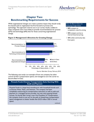 Transportation Procurement and Payment: Gain Control over Spend
Page 10




              Chapter Two:
   Benchmarking Requirements for Success
While organizational changes can create a positive impact they should rarely        How the Best-in-Class are
be enacted until an organization has first focused on process and                   Evaluating Freight Rates:
technology. This approach is borne out in our survey results, as Best-in-           √ 84% compare to
Class companies were more likely to provide recommendations for process               competitors rates for pricing
(67%) and technology (64%) than for those concerning organizational
change.                                                                             √ 55% compare carries to
                                                                                      internal historical pricing
Figure 3: Management's Directives for Creating Change                               √ 43% utilize community data
                                                                                      from peers

    Recommendations f or                                             67%
        Process Changes                                               69%



     Recommendations f or                                           64%
 Technology Enhancements                                      57%



     Recommendations f or                              46%       Best-in-Class
    Organizational Changes                            44%        All Others


                         0%   10%     20% 30% 40% 50% 60% 70%                 80%
                                    Percentage of Respondents, n = 236

                                           Source: Aberdeen Group, February 2010

The following case study is an example of how one company has taken
control of their transportation spend, and managed to turn the corner to
become Best-in-Class.

   Pinnacle Foods Chooses Transportation Suite Starting With
                     Audit and Payment

 Pinnacle Foods is a large food manufacturer with household brands such
 as Duncan Hines, Vlasic, and Swanson. The company had been
 completely outsourcing its transportation execution as well as audit and
 payment to a managed service provider, but was only enjoying limited
 success. So shortly after hiring a new Vice President of Transportation,
 the company chose to set out on the path of closed-loop transportation
 spend management to better handle their $125 million USD in annual
 spend.
                                                                       continued




© 2010 Aberdeen Group.                                                                    Telephone: 617 854 5200
www.aberdeen.com                                                                                Fax: 617 723 7897
 