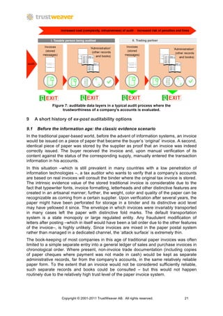 Figure 7: auditable data layers in a typical audit process where the
                    trustworthiness of a company's accounts is evaluated.

9     A short history of ex-post auditability options

9.1    Before the information age: the classic evidence scenario
In the traditional paper-based world, before the advent of information systems, an invoice
would be issued on a piece of paper that became the buyer’s ‘original’ invoice. A second,
identical piece of paper was stored by the supplier as proof that an invoice was indeed
correctly issued. The buyer received the invoice and, upon manual verification of its
content against the status of the corresponding supply, manually entered the transaction
information in his accounts.
In this situation –which is still prevalent in many countries with a low penetration of
information technologies –, a tax auditor who wants to verify that a company’s accounts
are based on real invoices will consult the binder where the original tax invoice is stored.
The intrinsic evidence value of the stored traditional invoice is considerable due to the
fact that typewriter fonts, invoice formatting, letterheads and other distinctive features are
created in an artisanal manner; further, the weight, color and quality of the paper can be
recognizable as coming from a certain supplier. Upon verification after several years, the
paper might have been perforated for storage in a binder and its distinctive acid level
may have yellowed it since. The envelope in which invoices were invariably transported
in many cases left the paper with distinctive fold marks. The default transportation
system is a state monopoly or large regulated entity. Any fraudulent modification of
letters after posting –which in itself would have been a tall order due to the other features
of the invoice–, is highly unlikely. Since invoices are mixed in the paper postal system
rather than managed in a dedicated channel, the ‘attack surface’ is extremely thin.
The book-keeping of most companies in this age of traditional paper invoices was often
limited to a simple separate entry into a general ledger of sales and purchase invoices in
chronological order. Where present, non-invoice trade documentation (including copies
of paper cheques where payment was not made in cash) would be kept as separate
administrative records, far from the company’s accounts, in the same relatively reliable
paper form. To the extent that an invoice would not be considered sufficiently reliable,
such separate records and books could be consulted – but this would not happen
routinely due to the relatively high trust level of the paper invoice system.




                   Copyright © 2001-2011 TrustWeaver AB. All rights reserved.          21
 
