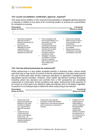 14.4 Is prior accreditation, certification, approval...required?
This scale shows whether a form of government-operated or delegated general approval
is required in relation to any parts of an e-invoicing system or process as a precondition
for compliant e-invoicing.
Prescriptive                                                                                    Functional
(focus on form)                                                                           (focus on result)




   •   Government-operated              •     Prior consultation with          •    Government explicitly
       approval process is                    the tax administration is a           allows anyone to start e-
       absolute requirement for               precondition or strong                invoicing without prior
       e-invoicing                            recommendation                        authorization
   •   Approval may be                        (sometimes only when             •    Advance ruling may still
       delegated to private                   specifically authorized               be available
       organizations but                      controls are not used)           •    National trust-mark or
       remains mandatory and                  and may lead to a                     market-driven voluntary
       regulated by public law                binding tax authority                 accreditation may exist
                                              compliance ruling
                                        •     Delegated ‘voluntary’
                                              accreditation schemes
                                              may be in operation;
                                              often these become a de
                                              facto market entry
                                              condition

14.5 Can tax-relevant processes be outsourced?
While outsourcing is a very widely accepted practice in business today, various levels
exist that may or may not be of concern to the tax administration. Few laws today prohibit
the use of third party data centres outsource operations or application management to
specialized service providers. However, when certain tax-relevant business processes
including certain key decisions and controls from a VAT perspective are completely
outsourced to a third party, formal conditions may apply. Outsourcing of the issuance of
an invoice to a third party is by definition highly tax-relevant and is not seldom regulated.
In practice it is not always easy to determine when outsourcing is tax-relevant.
Prescriptive                                                                                        Functional
(focus on form)                                                                               (focus on result)




   •   Outsourcing of tax-          •       Outsourcing of tax-relevant                  •    It follows from the
       relevant processes not               processes conditionally allowed                   taxable person’s
       allowed or only under        •       Legal focus on tax-critical processes             responsibility to
       restrictive conditions               such as issuance or archiving of                  uphold compliance
       e.g. to government-                  invoices                                          that appropriate
       approved operators                                                                     controls are
       only                                                                                   implemented
   •   Usually the law is                                                                     whether processes
       unclear about the                                                                      are outsourced or
       scope of tax-relevant                                                                  not. Outsourcing is
       outsourcing – all                                                                      not specifically
       subcontracting must be                                                                 regulated
       carefully reviewed to
       avoid problems




                     Copyright © 2001-2011 TrustWeaver AB. All rights reserved.                           32
 