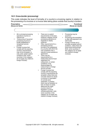 14.9 Cross-border (processing)
This scale indicates the level of formality of a country’s e-invoicing regime in relation to
the processing of e-invoices or e-invoice data taking place outside that country’s borders.
Prescriptive                                                                                     Functional
(focus on form)                                                                            (focus on result)




   •   All or principal processing      •    There are no explicit           •     Processing may be
       operations must be on                 requirements on the topic,            anywhere
       national soil                         however a degree of local       •     Processing documentation
   •    Outsourcing of issuance/             processing operations is              is often still expected to be
       processing must be to                 expected or clearly                   held locally
       locally established or                preferred                       •     Foreign invoices are in
       recognized service               •    Often requirements for a              principle accepted without
       provider                              processing service                    problems, unless there are
   •   Foreign invoices that                 provider to be established            prime facie shortcomings
       comply with the exporting             in a country with which the           (N.B. some countries in
       country’s requirements                VAT jurisdiction has a                this category do not apply
       may not be accepted, or               relevant mutual assistance            any criteria to foreign
       only under certain explicit           agreement                             invoices)
       conditions (N.B. some            •    There may be
       countries in this category            requirements for a
       do not apply any criteria to          medium/low level of local
       foreign invoices)                     registration for
                                             outsourcers, or certain
                                             conditions or tax
                                             disadvantages for
                                             outsourcing to a foreign
                                             service provider
                                        •    Foreign invoices that
                                             comply with the exporting
                                             country’s requirements are
                                             accepted unless there are
                                             concrete reasons to doubt
                                             a minimum or equivalent
                                             of controls were
                                             respected; in practice
                                             there may be hesitation or
                                             lack of means to easily
                                             determine the origin
                                             country’s level of
                                             legislation or actual
                                             controls performed (N.B.
                                             some countries in this
                                             category do not apply any
                                             criteria to foreign invoices)




                      Copyright © 2001-2011 TrustWeaver AB. All rights reserved.                       35
 
