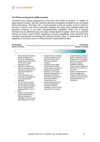 14.11Form or format of a B2B e-invoice
Countries have varying approaches to the form and format of invoices. In relation to
paper-based invoices, very few countries still issue mandatory template or pre-numbered
forms themselves. The base rule in most countries is that an invoice must be stored in
the form in which it was sent or received; however, the “grey zone” between paper and
electronic invoicing is not often comprehensively regulated. When can a supplier
maintain only an electronic copy of a sales invoice issued on paper; when can a scanned
invoice be thrown away? When regulating e-invoices specifically more countries have
included requirements concerning the technical format, either in transmission or as a
capability to convert to one or a limited number of prescribed formats.


Prescriptive                                                                                     Functional
(focus on form)                                                                            (focus on result)




   •   Sharp distinction between        •    A legal distinction between     •     A legal distinction between
       paper and electronic                  paper and electronic form             paper and electronic form
       invoicing. Sending both               exists but some hybrid                exists but this is not rigidly
       paper and electronic flows            forms are generally                   enforced; the emphasis is
       for the same supply                   accepted                              placed on general
       represents a risk                •    Exchanging both paper                 auditability including
   •   Supplier must store his               and electronic invoices               invoice content rather than
       copy of the sales invoice in          may be allowed during the             specific form or format of
       exactly the same form as              transition from paper to              an invoice
       sent; buyer exactly as                electronic or vice versa        •     Specific requirements for
       received                              between trading parties, or           technical presentation
   •   If any exceptions, e.g.               generally if one flow is              formats of ERP data (not
       scanning, are allowed this            prominently designated to             original e-invoices) may be
       is comprehensively                    be for information or                 recommended but not
       regulated                             convenience only                      mandatory
   •   For e-invoicing, specific        •    Specific requirements for
       formats may be required               technical presentation
       for the original tax invoice,         formats (conversion
       either for all e-invoices             capability in case of audit)
       including B2B or only for             may apply for e-invoices
       B2G
   •   Specific requirements for
       technical presentation
       formats (conversion
       capability in case of audit)
       often apply for e-invoices




                      Copyright © 2001-2011 TrustWeaver AB. All rights reserved.                        37
 