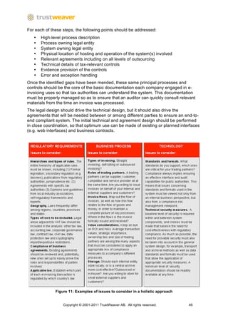 For each of these steps, the following points should be addressed:
   •   High-level process description
   •   Process owning legal entity
   •   System owning legal entity
   •   Physical location of hosting and operation of the system(s) involved
   •   Relevant agreements including on all levels of outsourcing
   •   Technical details of tax-relevant controls
   •   Evidence provision of the controls
   •   Error and exception handling
Once the identified gaps have been mended, these same principal processes and
controls should be the core of the basic documentation each company engaged in e-
invoicing uses so that tax authorities can understand the system. This documentation
must be properly managed so as to ensure that an auditor can quickly consult relevant
materials from the time an invoice was processed.
The legal design should drive the technical design, but it should also drive the
agreements that will be needed between or among different parties to ensure an end-to-
end compliant system. The initial technical and agreement design should be performed
in close coordination, so that optimum use can be made of existing or planned interfaces
(e.g. web interfaces) and business contracts.




              Figure 11: Examples of issues to consider in a holistic approach


                  Copyright © 2001-2011 TrustWeaver AB. All rights reserved.      46
 
