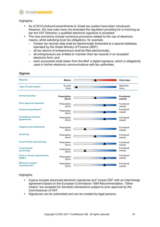 Highlights:
    •      As of 2010 profound amendments to Greek tax system have been introduced.
           However, the new rules have not amended the regulation providing for e-invoicing as
           per the VAT Directive; a qualified electronic signature is accepted.
    •      The new provisions include numerous provisions related to the use of electronic
           means, while satisfying local tax obligations, for example
           − Certain tax records data shall be electronically forwarded to a special database
               operated by the Greek Ministry of Finance (MoF);
           − all tax returns of entrepreneurs shall be filed electronically;
           − all entrepreneurs are entitled to maintain their tax records in an accepted
               electronic form; and
           − each accountant shall obtain from the MoF a digital signature, which is obligatorily
               used in his/her electronic communications with tax authorities.


Cyprus

Maturity                                    Mature                                      Early days


Type of audit system                        Ex post                                     Real-time
                                              focus                                     focus


Overall situation                      Prescriptive                                     Functional
                                            (form)                                      (result)

Prior approval required?                Prescriptive                                    Functional
                                             (form)                                     (result)
Outsourcing allowed?                                                                    Functional
                                        Prescriptive
                                                                                        (result)
                                             (form)
Compliance-relevant                     Prescriptive                                    Functional
agreements                                   (form)                                     (result)


Integrity and authenticity              Prescriptive                                    Functional
                                             (form)                                     (result)
Archiving                               Prescriptive                                    Functional
                                             (form)                                     (result)

Cross-border (processing)               Prescriptive                                    Functional
                                             (form)                                     (result)
Cross border                                                                            Functional
                                        Prescriptive
(archiving)                                                                             (result)
                                             (form)
Form or format requirements                                                             Functional
                                        Prescriptive
(B2B)?                                                                                  (result)
                                             (form)
Minimum content                         Prescriptive                                    Functional
requirements?                                (form)                                     (result)



Highlights:
    •      Cyprus accepts advanced electronic signatures and “proper EDI” with an interchange
           agreement based on the European Commission 1994 Recommendation. “Other
           means” are accepted for domestic transactions subject to prior approval by the
           Commissioner of VAT.
    •      Signatures can be automated and can be created by legal persons.




                           Copyright © 2001-2011 TrustWeaver AB. All rights reserved.                81
 