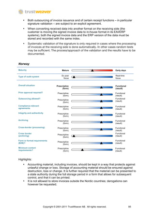 •      Both outsourcing of invoice issuance and of certain receipt functions – in particular
           signature validation – are subject to an explicit agreement.
    •      When converting received data into another format on the receiving side (the
           customer is moving the signed invoice data to in-house format in its EAI/ERP
           systems), both the signed invoice data and the ERP version of the data must be
           stored and recorded with the same index.
    •      Systematic validation of the signature is only required in cases where the processing
           of invoices at the receiving side is done automatically. In other cases random tests
           may be sufficient. The process/approach of the validation and the results have to be
           documented.


Norway

Maturity                                    Mature                                      Early days


Type of audit system                        Ex post                                     Real-time
                                              focus                                     focus


Overall situation                      Prescriptive                                     Functional
                                            (form)                                      (result)
Prior approval required?                Prescriptive                                    Functional
                                             (form)                                     (result)
Outsourcing allowed?                                                                    Functional
                                        Prescriptive
                                                                                        (result)
                                             (form)
Compliance-relevant                     Prescriptive                                    Functional
agreements                                   (form)                                     (result)

Integrity and authenticity              Prescriptive                                    Functional
                                             (form)                                     (result)
Archiving                               Prescriptive                                    Functional
                                             (form)                                     (result)

Cross-border (processing)               Prescriptive                                    Functional
                                             (form)                                     (result)
Cross border                                                                            Functional
                                        Prescriptive
(archiving)                                                                             (result)
                                             (form)
Form or format requirements                                                             Functional
                                        Prescriptive
(B2B)?                                                                                  (result)
                                             (form)
Minimum content                         Prescriptive                                    Functional
requirements?                                (form)                                     (result)



Highlights:
    •      Accounting material, including invoices, should be kept in a way that protects against
           unlawful change or loss. Storage of accounting material should be ensured against
           destruction, loss or change. It is further required that the material can be presented to
           a state authority during the full storage period in a form that allows for subsequent
           control, and that it can be printed.
    •      It is not allowed to store invoices outside the Nordic countries; derogations can
           however be requested.




                           Copyright © 2001-2011 TrustWeaver AB. All rights reserved.                85
 