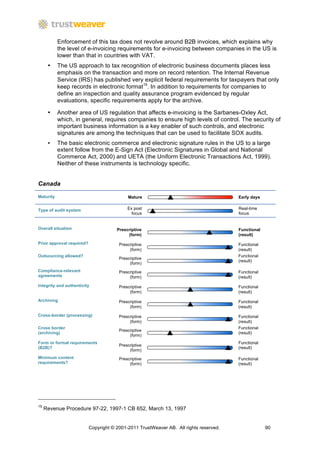 Enforcement of this tax does not revolve around B2B invoices, which explains why
           the level of e-invoicing requirements for e-invoicing between companies in the US is
           lower than that in countries with VAT.
      •    The US approach to tax recognition of electronic business documents places less
           emphasis on the transaction and more on record retention. The Internal Revenue
           Service (IRS) has published very explicit federal requirements for taxpayers that only
           keep records in electronic format15. In addition to requirements for companies to
           define an inspection and quality assurance program evidenced by regular
           evaluations, specific requirements apply for the archive.

      •    Another area of US regulation that affects e-invoicing is the Sarbanes-Oxley Act,
           which, in general, requires companies to ensure high levels of control. The security of
           important business information is a key enabler of such controls, and electronic
           signatures are among the techniques that can be used to facilitate SOX audits.
      •    The basic electronic commerce and electronic signature rules in the US to a large
           extent follow from the E-Sign Act (Electronic Signatures in Global and National
           Commerce Act, 2000) and UETA (the Uniform Electronic Transactions Act, 1999).
           Neither of these instruments is technology specific.


Canada

Maturity                                    Mature                                      Early days


Type of audit system                        Ex post                                     Real-time
                                              focus                                     focus


Overall situation                      Prescriptive                                     Functional
                                            (form)                                      (result)

Prior approval required?                Prescriptive                                    Functional
                                             (form)                                     (result)
Outsourcing allowed?                                                                    Functional
                                        Prescriptive
                                                                                        (result)
                                             (form)
Compliance-relevant                     Prescriptive                                    Functional
agreements                                   (form)                                     (result)
Integrity and authenticity              Prescriptive                                    Functional
                                             (form)                                     (result)

Archiving                               Prescriptive                                    Functional
                                             (form)                                     (result)

Cross-border (processing)               Prescriptive                                    Functional
                                             (form)                                     (result)
Cross border                                                                            Functional
                                        Prescriptive
(archiving)                                                                             (result)
                                             (form)
Form or format requirements                                                             Functional
                                        Prescriptive
(B2B)?                                                                                  (result)
                                             (form)
Minimum content                         Prescriptive                                    Functional
requirements?                                (form)                                     (result)




15
     Revenue Procedure 97-22, 1997-1 CB 652, March 13, 1997


                           Copyright © 2001-2011 TrustWeaver AB. All rights reserved.                90
 