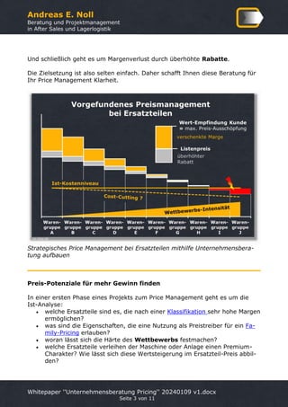 Andreas E. Noll
Beratung und Projektmanagement
in After Sales und Lagerlogistik
Whitepaper ''Unternehmensberatung Pricing'' 20240109 v1.docx
Seite 3 von 11
Und schließlich geht es um Margenverlust durch überhöhte Rabatte.
Die Zielsetzung ist also selten einfach. Daher schafft Ihnen diese Beratung für
Ihr Price Management Klarheit.
Strategisches Price Management bei Ersatzteilen mithilfe Unternehmensbera-
tung aufbauen
Preis-Potenziale für mehr Gewinn finden
In einer ersten Phase eines Projekts zum Price Management geht es um die
Ist-Analyse:
• welche Ersatzteile sind es, die nach einer Klassifikation sehr hohe Margen
ermöglichen?
• was sind die Eigenschaften, die eine Nutzung als Preistreiber für ein Fa-
mily-Pricing erlauben?
• woran lässt sich die Härte des Wettbewerbs festmachen?
• welche Ersatzteile verleihen der Maschine oder Anlage einen Premium-
Charakter? Wie lässt sich diese Wertsteigerung im Ersatzteil-Preis abbil-
den?
 