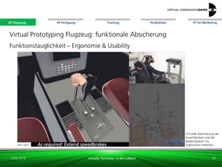 VP Flugzeug VT im Marketing
16.08.2018 Virtuelle Techniken in der Luftfahrt
VP Fertigung Training Produktion
Virtuelle Absicherung der
Erreichbarkeit und der
Bedienbarkeit mit
haptischem InterfaceBild: Optis
Virtual Prototyping Flugzeug: funktionale Absicherung
Funktionstauglichkeit – Ergonomie & Usability
10
VP Flugzeug
 