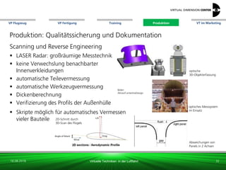 VP Flugzeug VT im Marketing
16.08.2018 Virtuelle Techniken in der Luftfahrt
VP Fertigung Training Produktion
optisches Messsystem
im Einsatz
Abweichungen von
Panels in 2 Achsen
optische
3D-Objekterfassung
Produktion: Qualitätssicherung und Dokumentation
Scanning und Reverse Engineering
 LASER Radar: großräumige Messtechnik
 keine Verwechslung benachbarter
Innenverkleidungen
 automatische Teilevermessung
 automatische Werkzeugvermessung
 Dickenberechnung
 Verifizierung des Profils der Außenhülle
 Skripte möglich für automatisches Vermessen
vieler Bauteile
32
Bilder:
Altran/CenterlineDesign
2D-Schnitt durch
3D-Scan des Flügels
Produktion
 